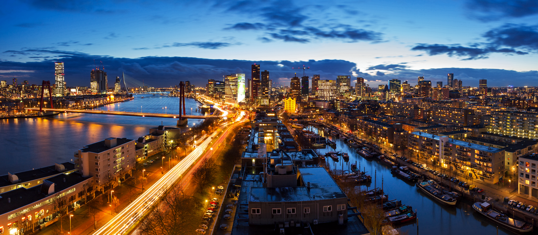 rotterdam, skyline, night, light, sky