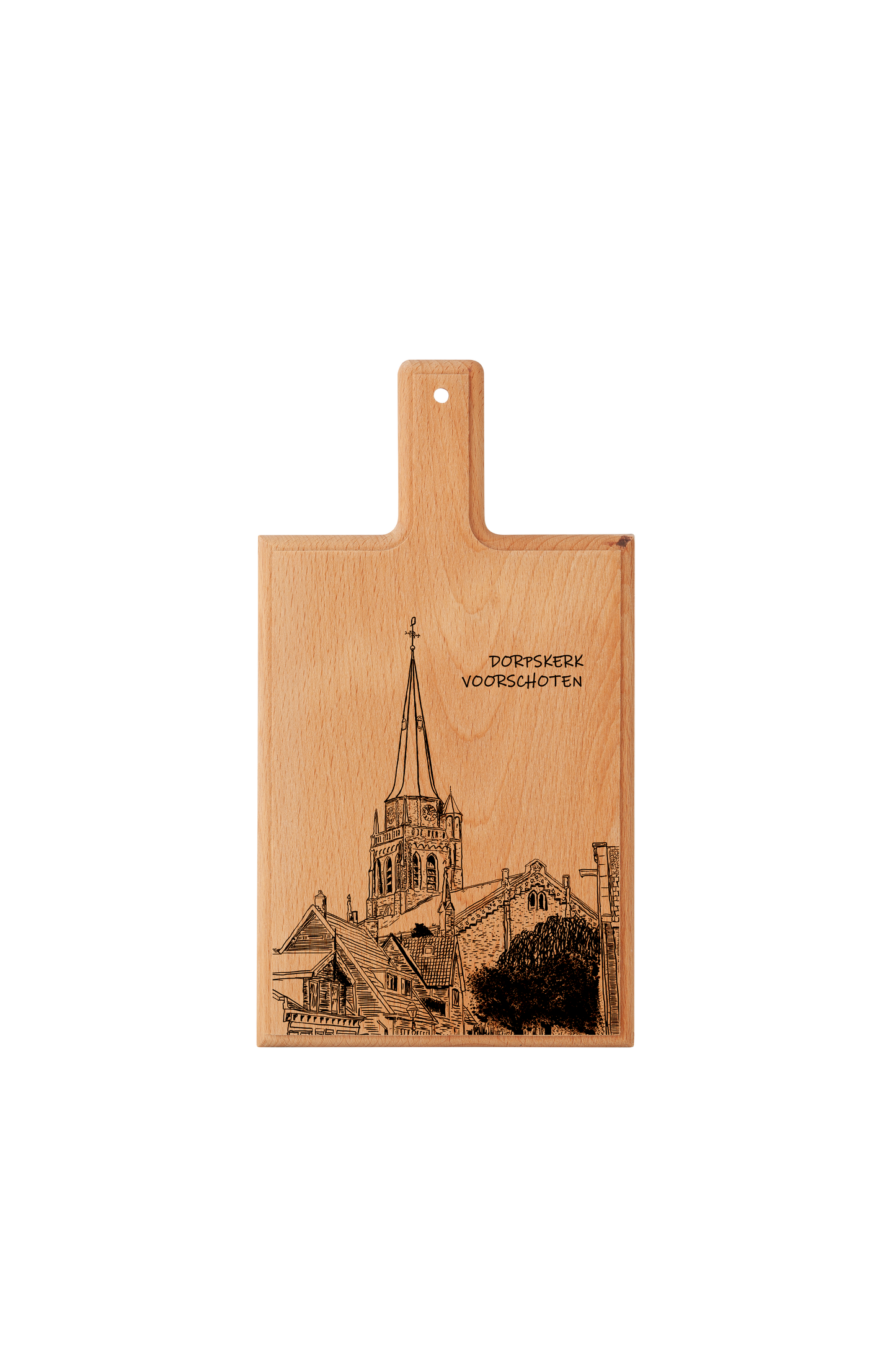 Handmade Voorschoten Dorpskerk Engraved Cheese Board - Beech Wood