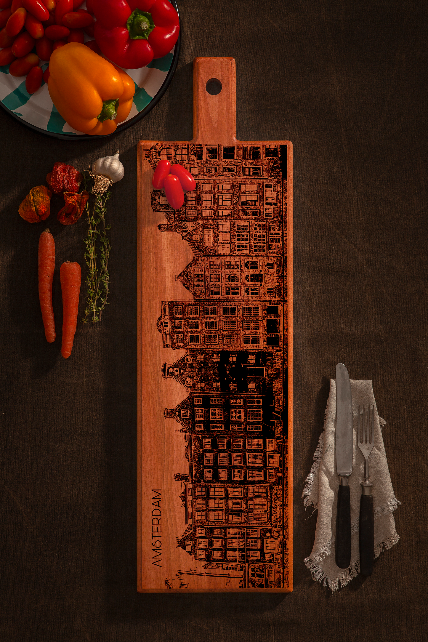 Handmade Amsterdam Dancing Houses Engraved Large Serving Board - Beech Wood