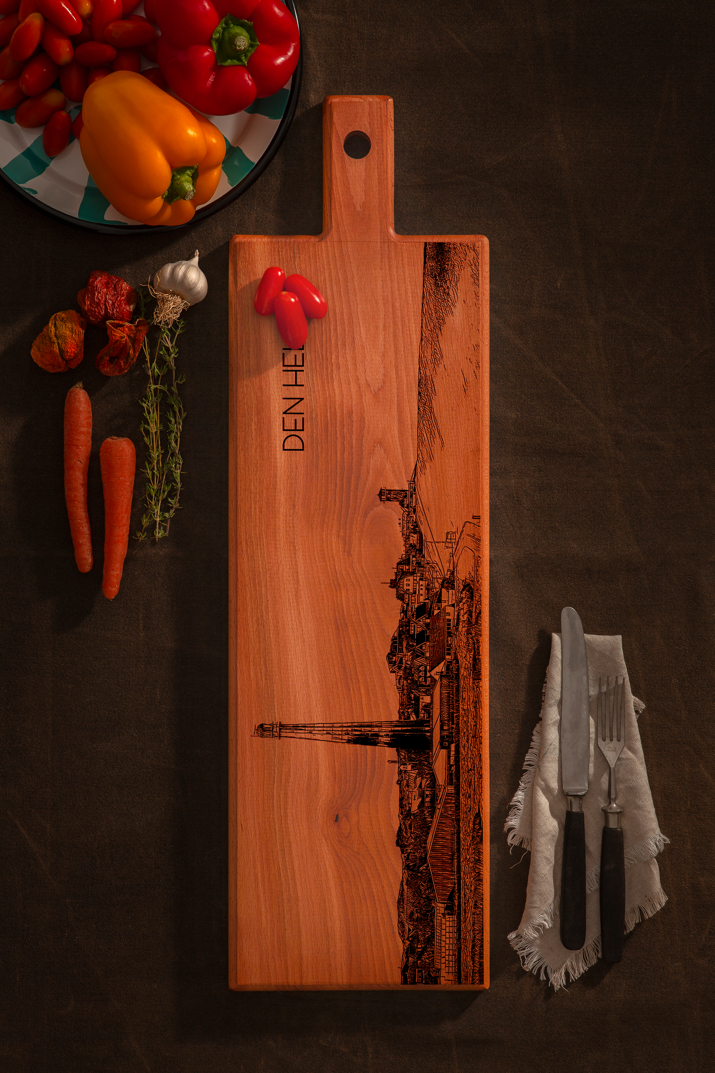Handmade Den Helder Engraved Large Serving Board - Beech Wood
