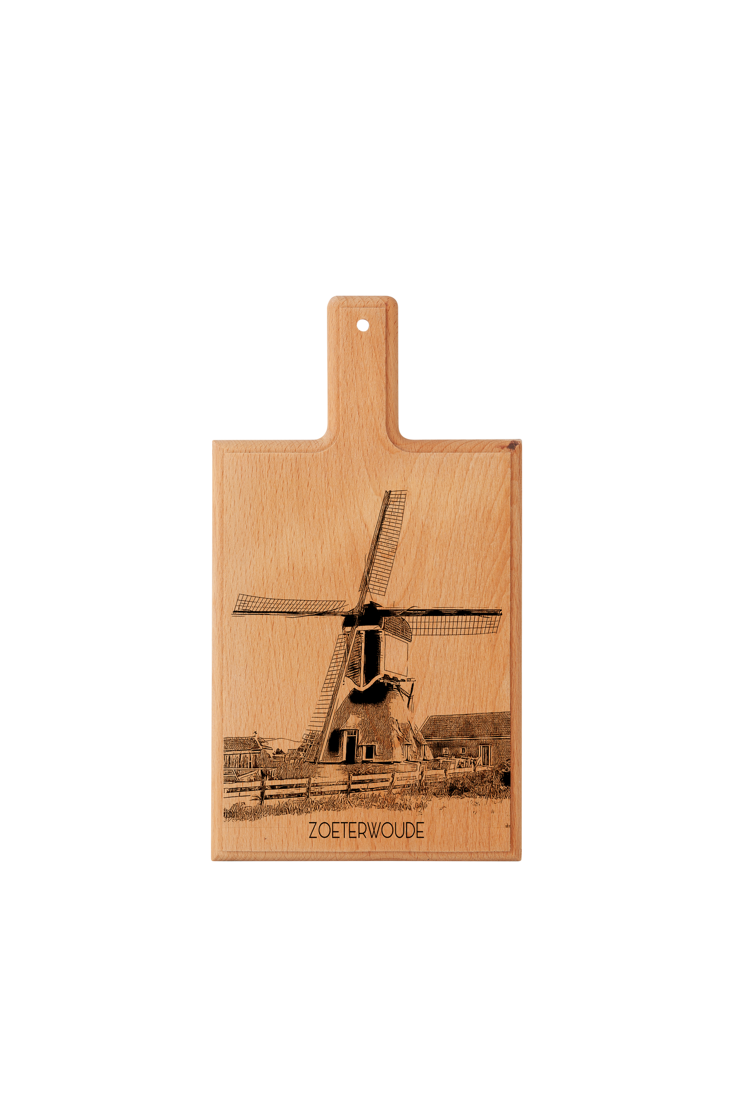 Handmade Zoeterwoude Molen Engraved Cheese Board - Beech Wood