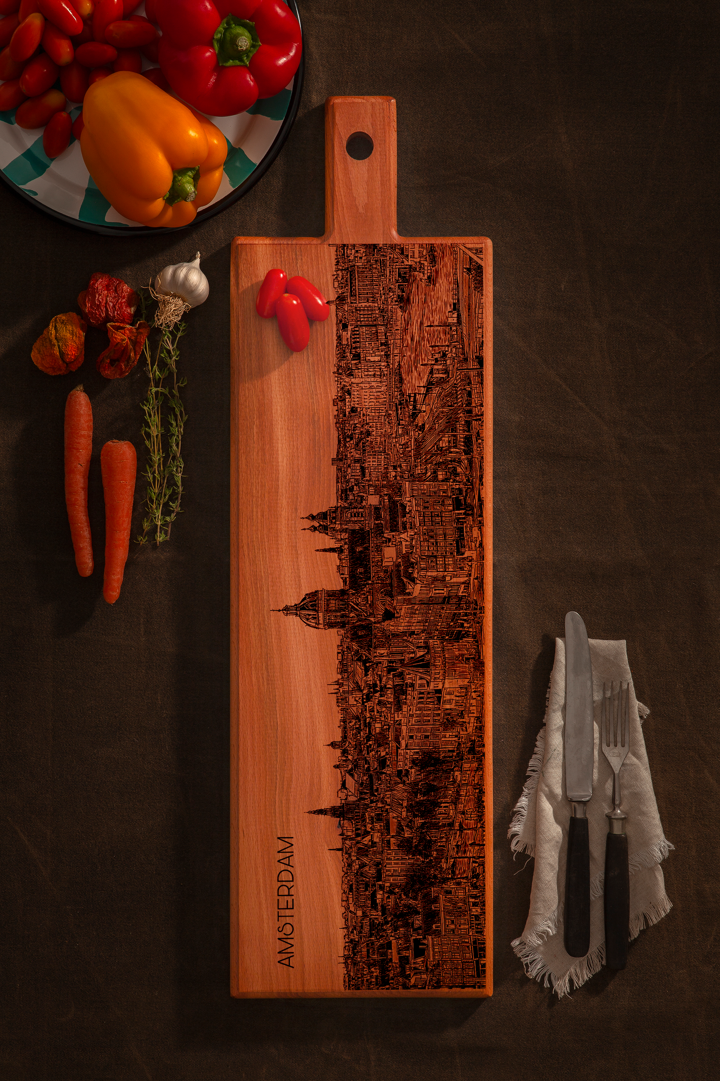 Handmade Amsterdam Skyline Engraved Large Serving Board - Beech Wood
