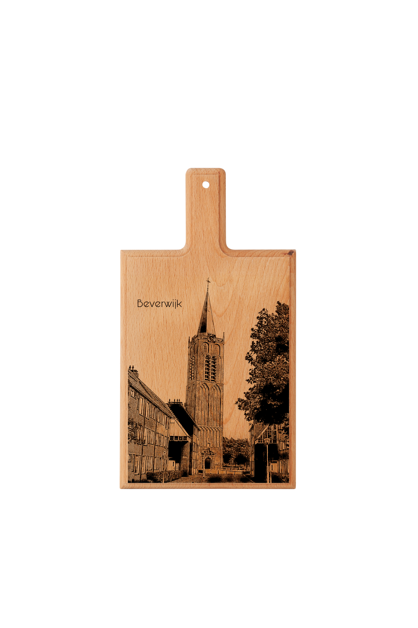 Handmade Beverwijk Wijkertoren Engraved Cheese Board - Beech Wood