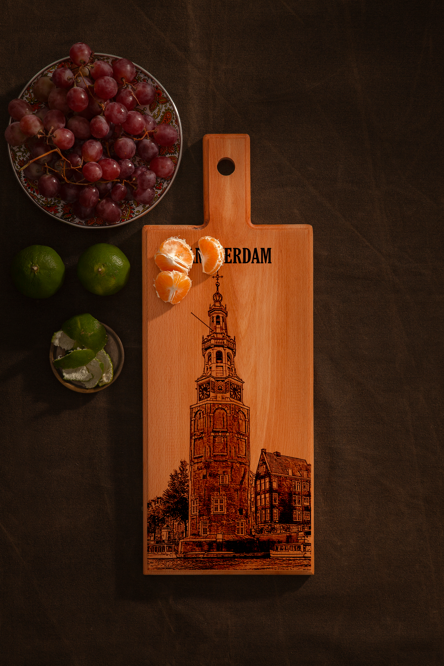 Handmade Amsterdam Montelbaanstoren Engraved Serving Board - Beech Wood