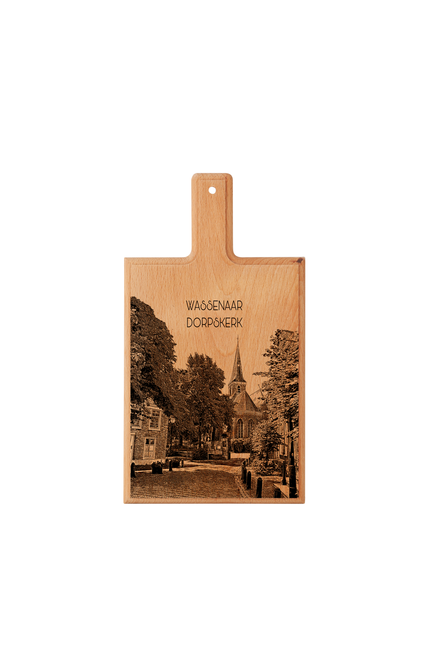 Handmade Wassenaar Dorpskerk Engraved Cheese Board - Beech Wood