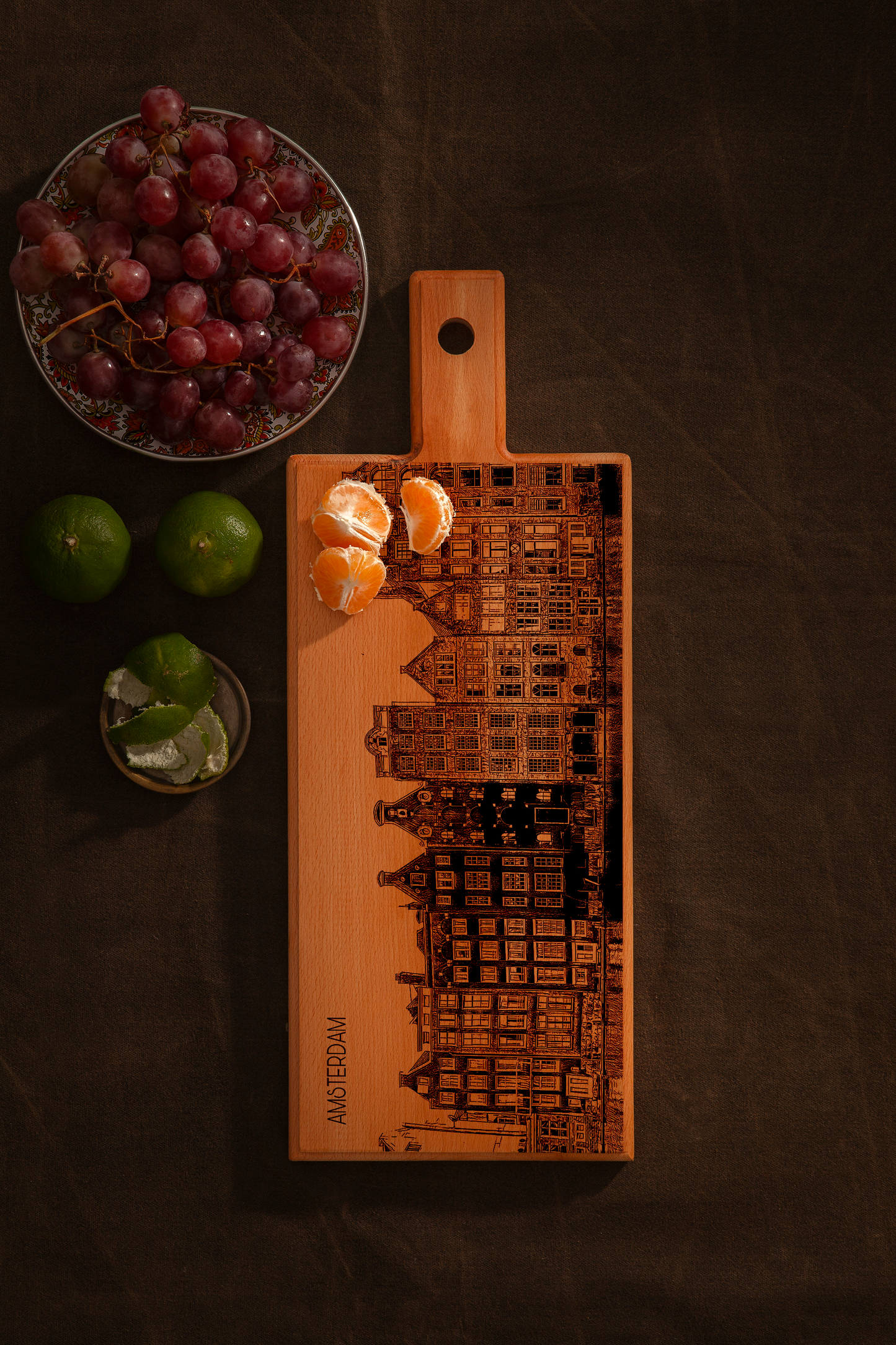 Handmade Amsterdam Dancing Houses Engraved Serving Board - Beech Wood