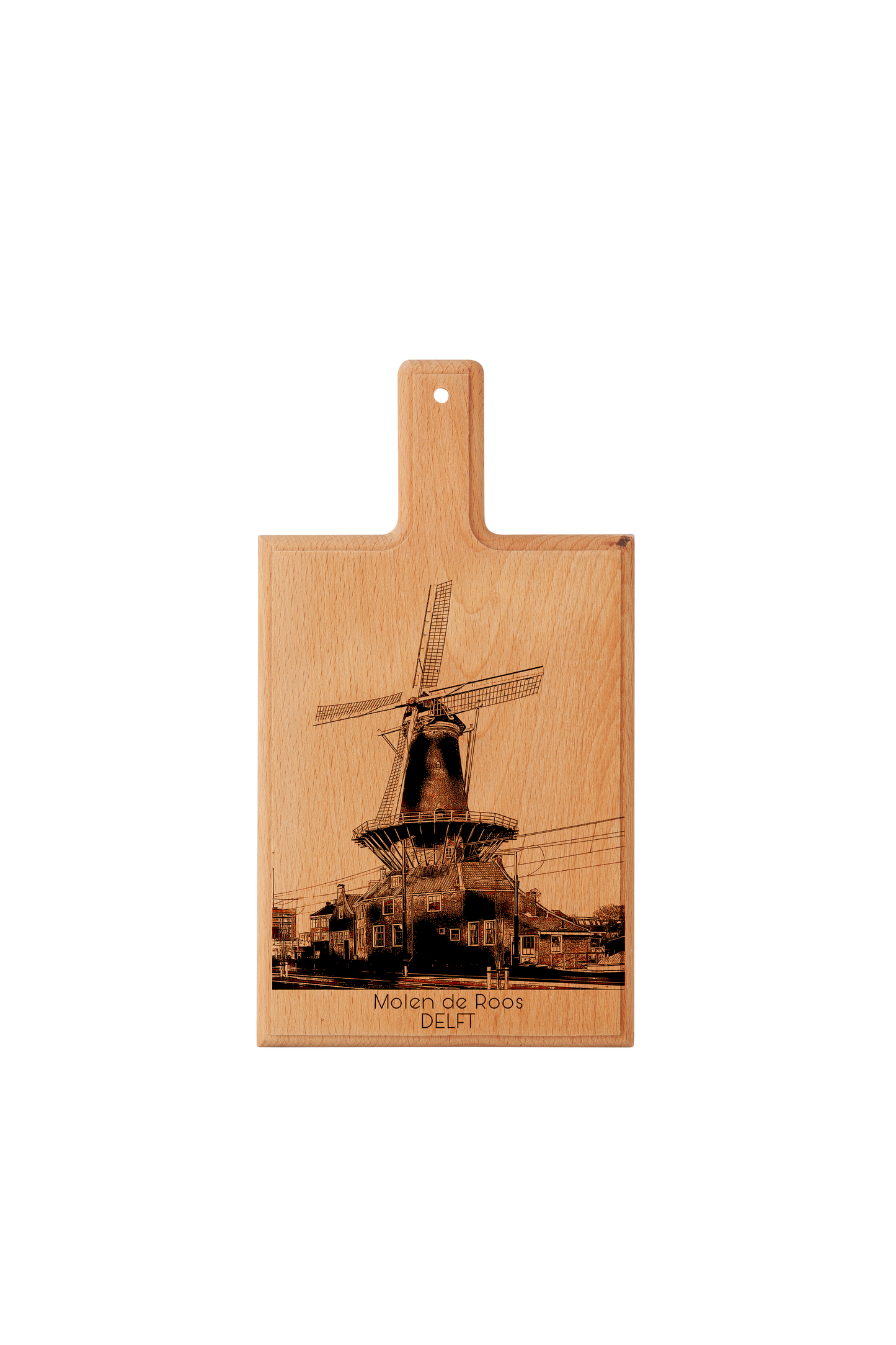 Handmade Molen De Roos Delft Engraved Cheese Board in Beech Wood