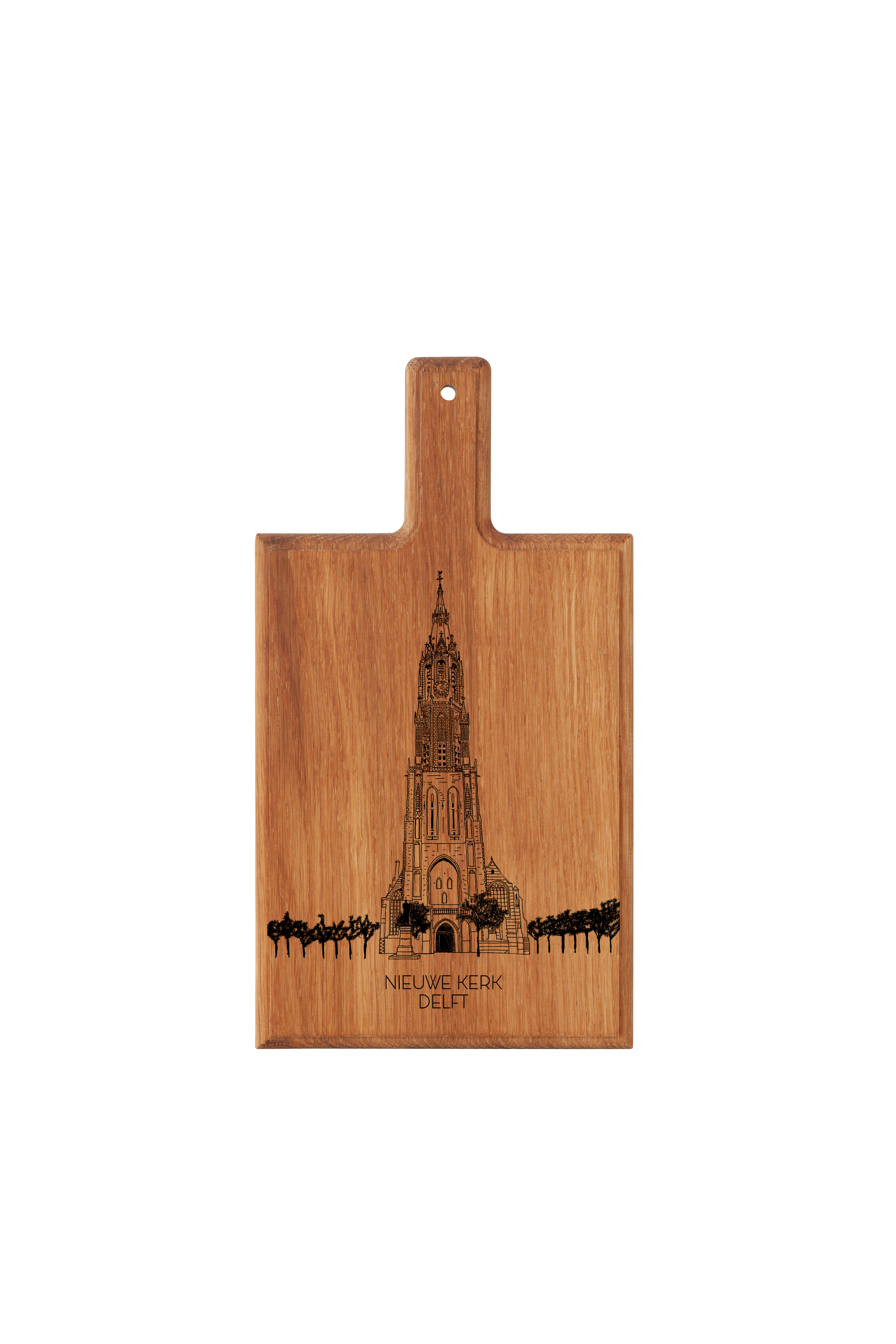 Oak Wood Variant of Handmade Nieuwe Kerk Delft Engraved Cheese Board