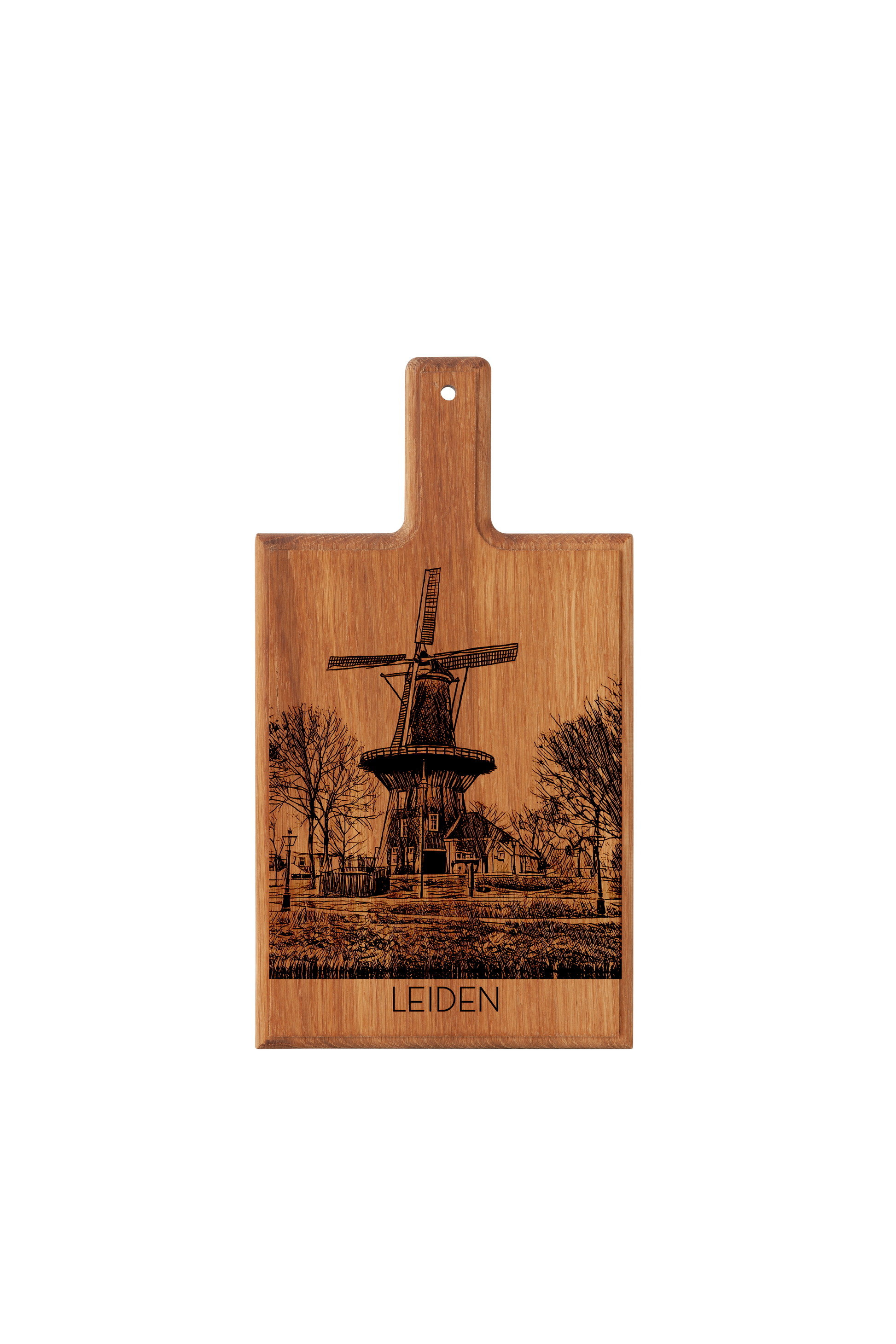 Oak Wood Variant of Handmade Molen De Valk Leiden Engraved Cheese Board