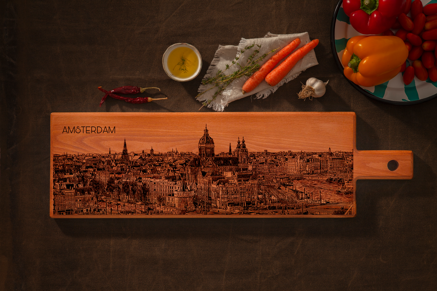 Handmade Amsterdam Skyline Engraved Large Serving Board - Beech Wood