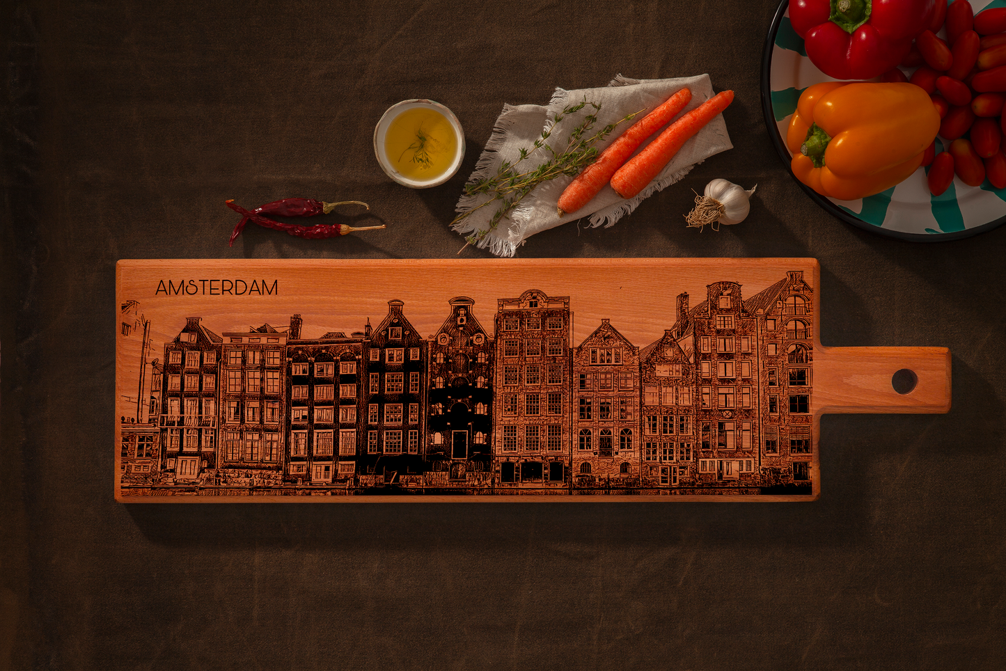 Handmade Amsterdam Dancing Houses Engraved Large Serving Board - Beech Wood