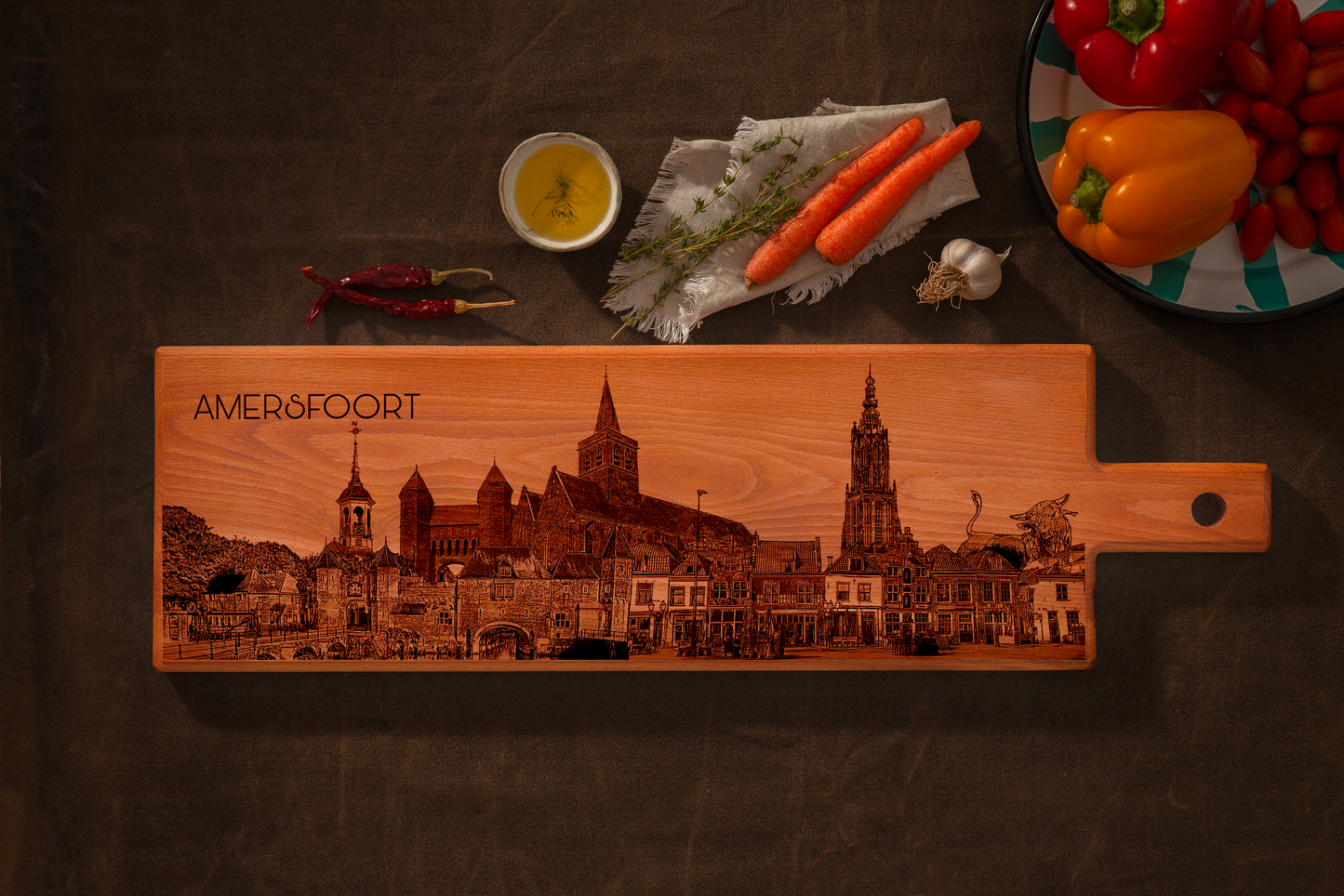 Handmade Amersfoort Skyline Engraved Large Serving Board - Beech Wood