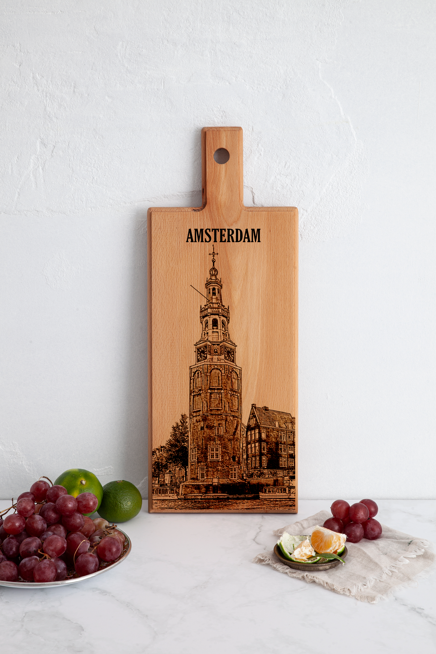 Handmade Amsterdam Montelbaanstoren Engraved Serving Board - Beech Wood