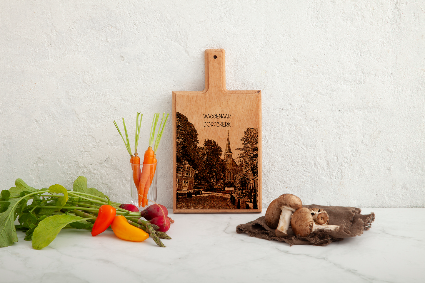 Handmade Wassenaar Dorpskerk Engraved Cheese Board - Beech Wood