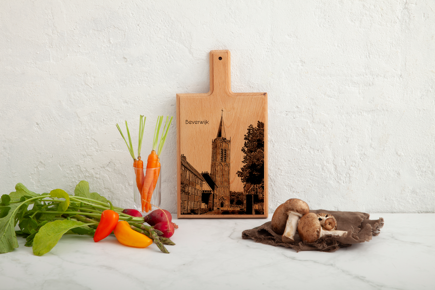 Handmade Beverwijk Wijkertoren Engraved Cheese Board - Beech Wood