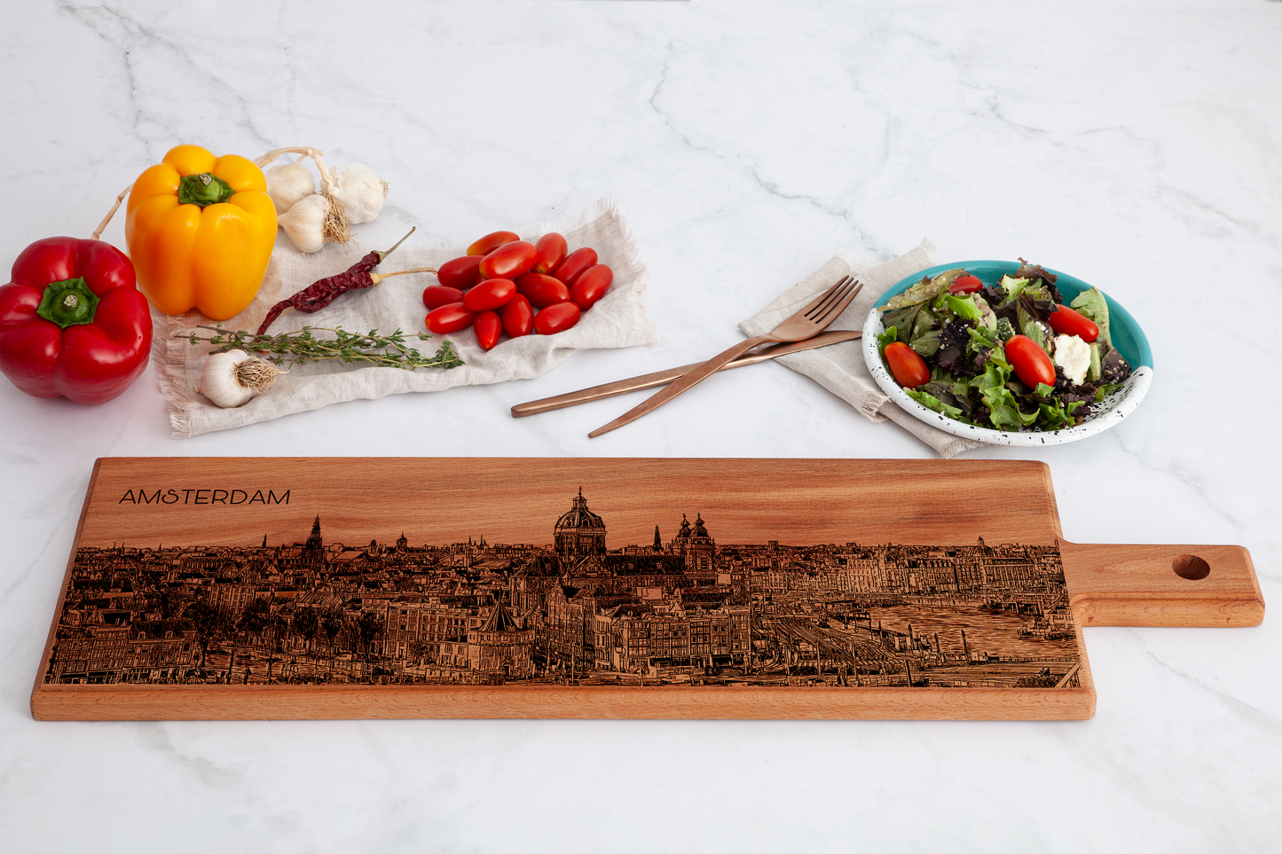 Handmade Amsterdam Skyline Engraved Large Serving Board - Beech Wood
