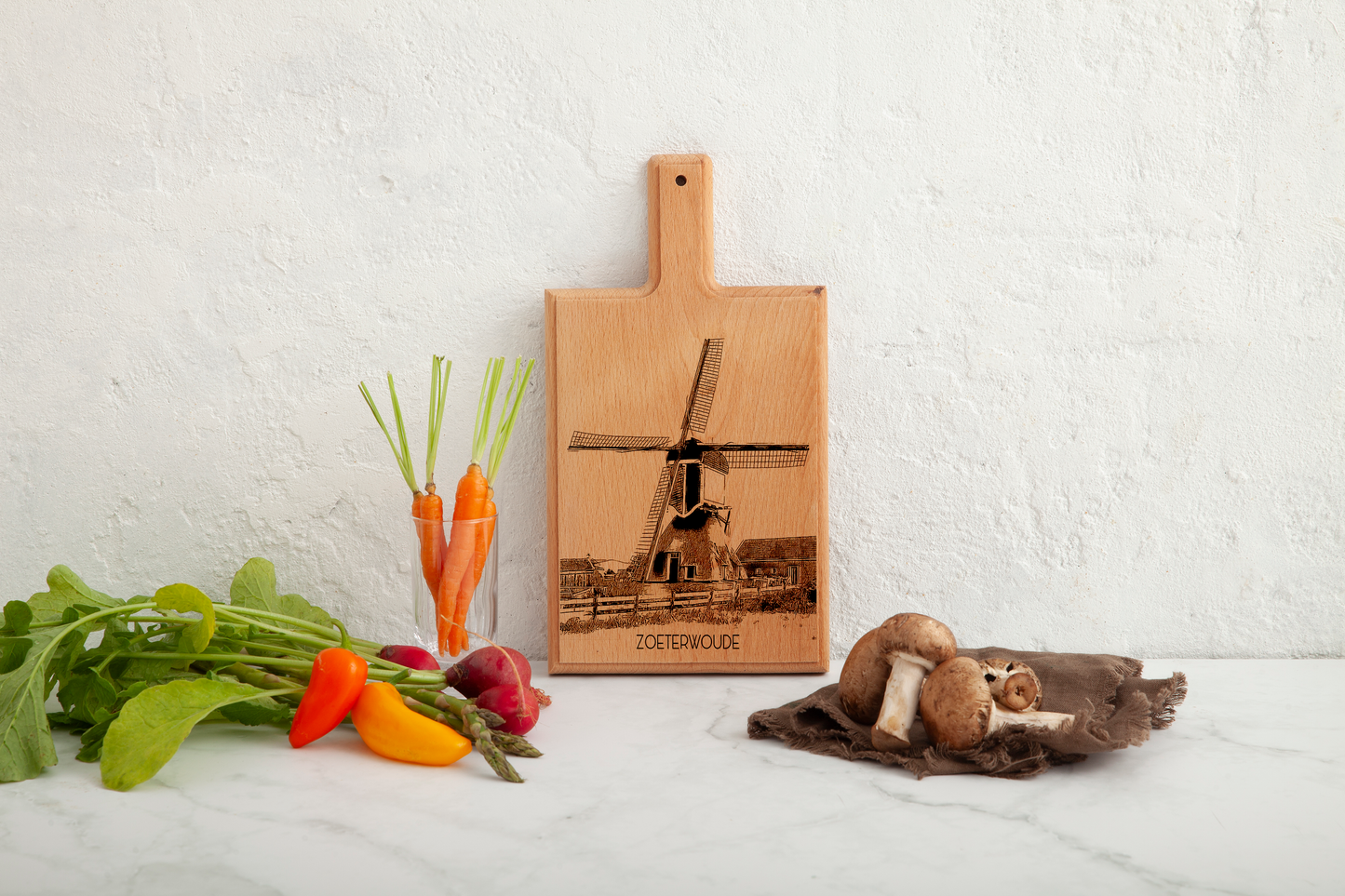 Handmade Zoeterwoude Molen Engraved Cheese Board - Beech Wood