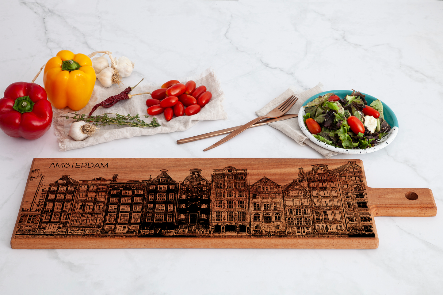 Handmade Amsterdam Dancing Houses Engraved Large Serving Board - Beech Wood