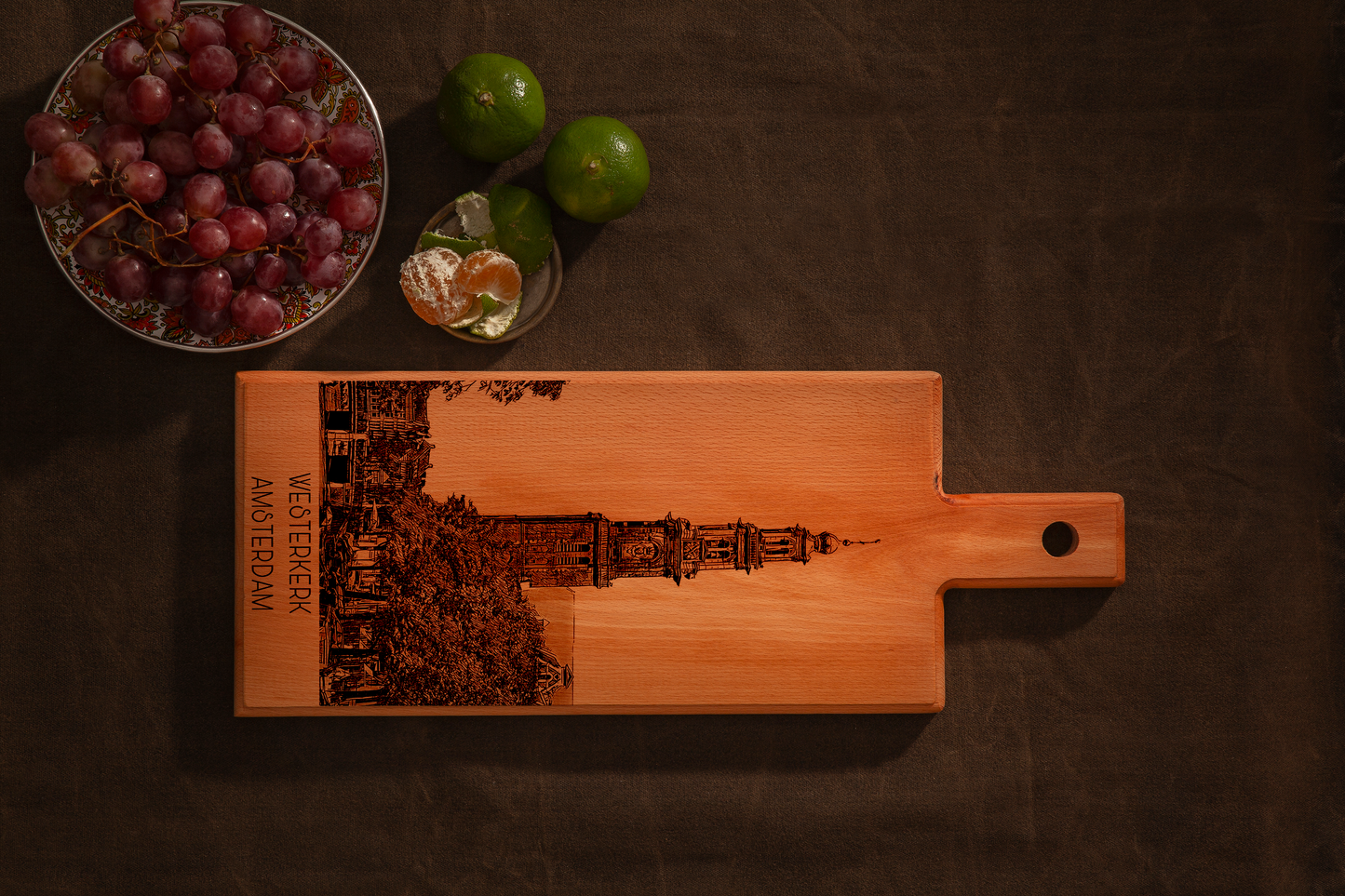 Handmade Amsterdam Westerkerk Engraved Serving Board - Beech Wood