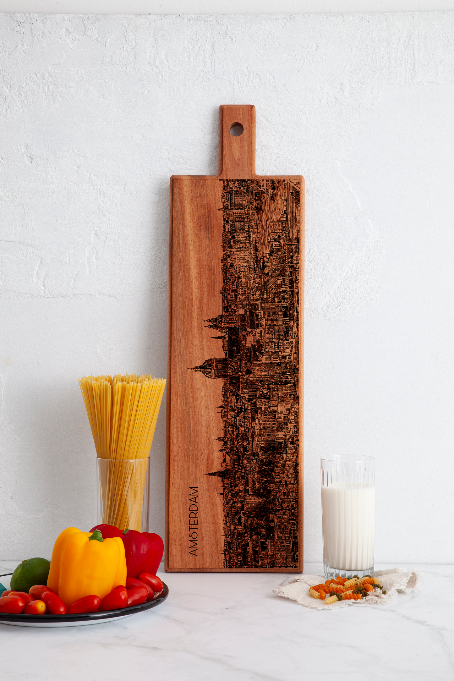 Handmade Amsterdam Skyline Engraved Large Serving Board - Beech Wood