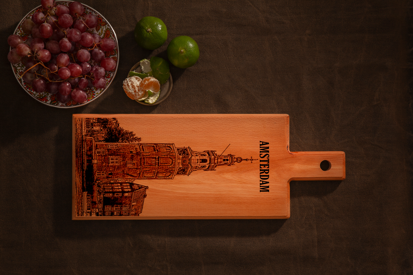Handmade Amsterdam Montelbaanstoren Engraved Serving Board - Beech Wood