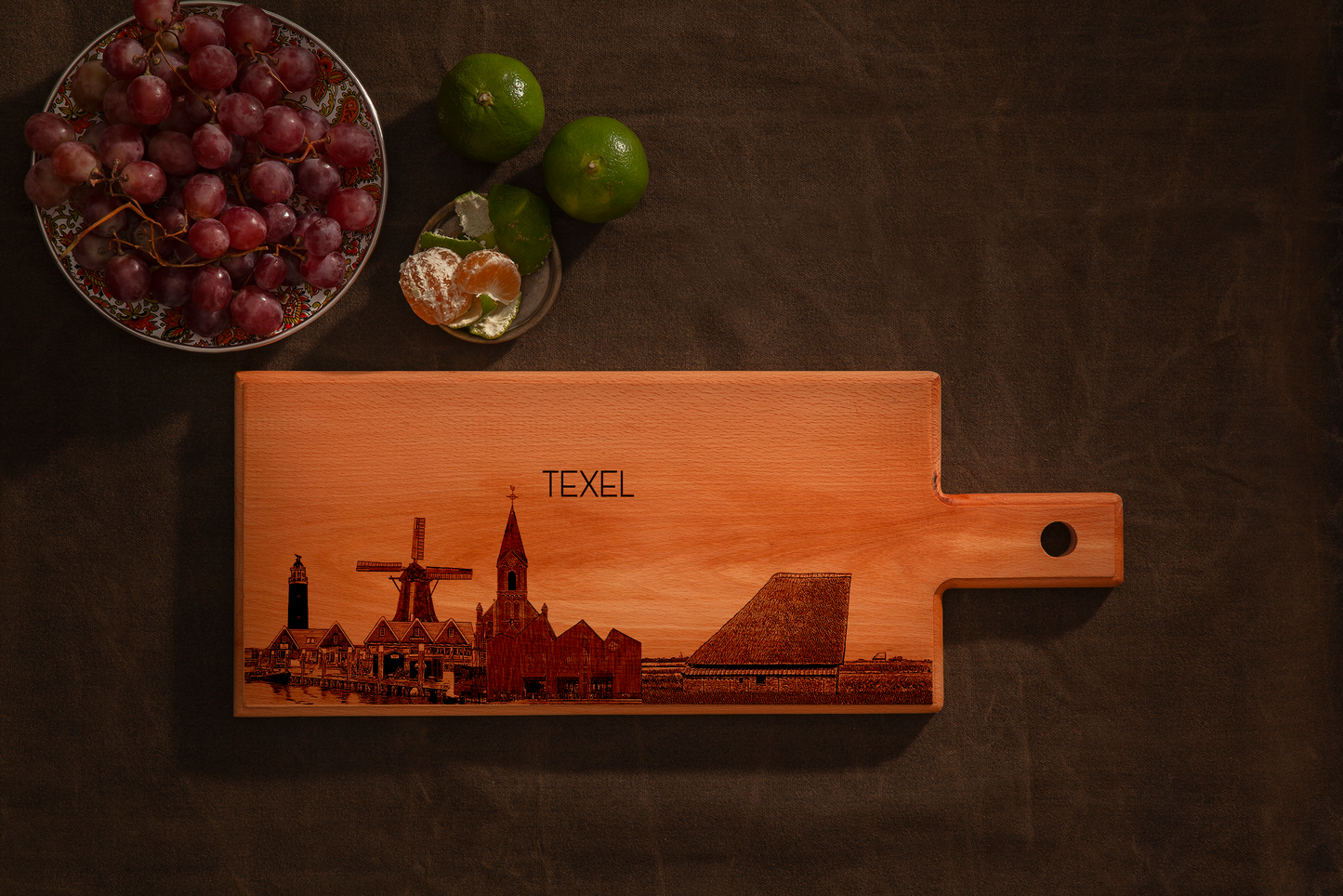 Handmade Texel Skyline Engraved Serving Board - Beech Wood