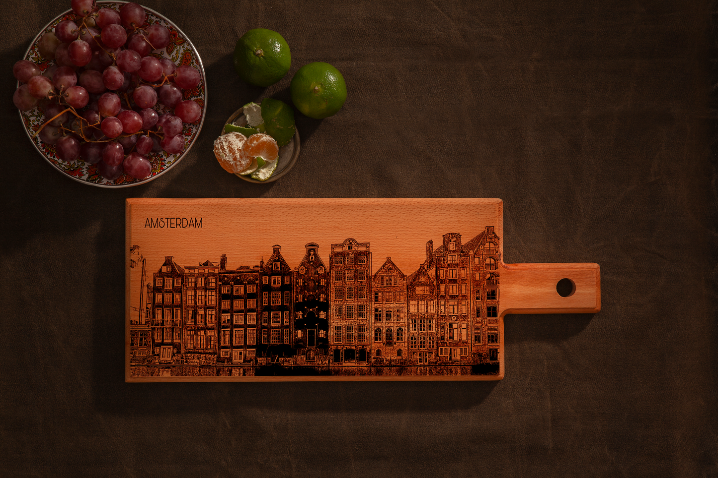 Handmade Amsterdam Dancing Houses Engraved Serving Board - Beech Wood