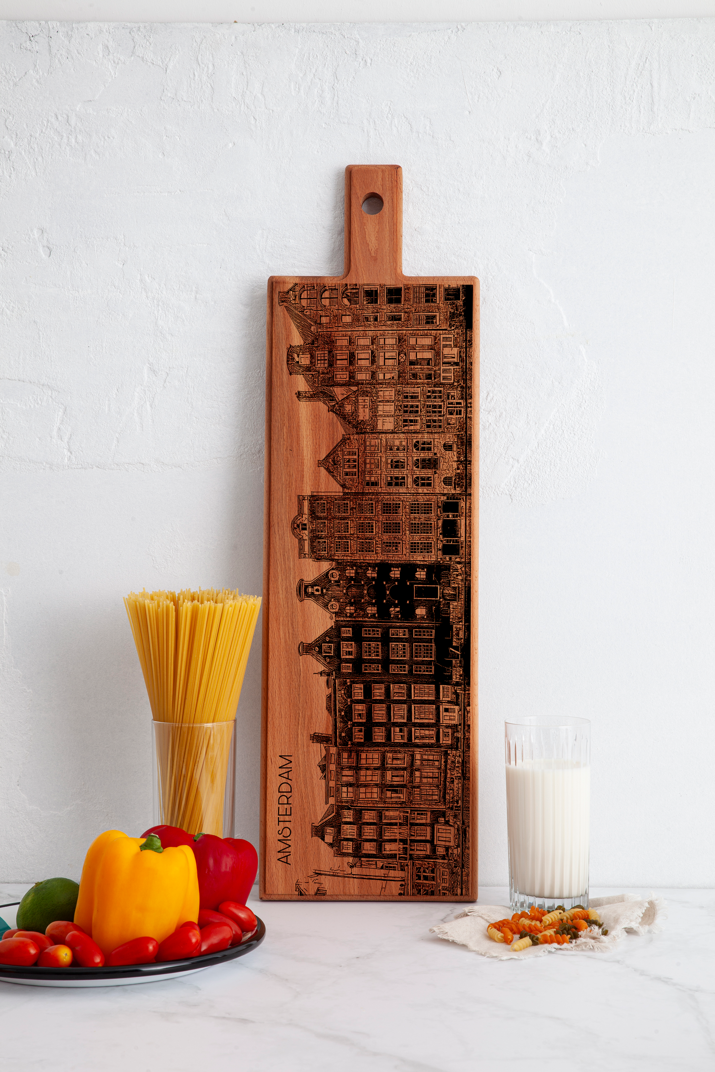 Handmade Amsterdam Dancing Houses Engraved Large Serving Board - Beech Wood