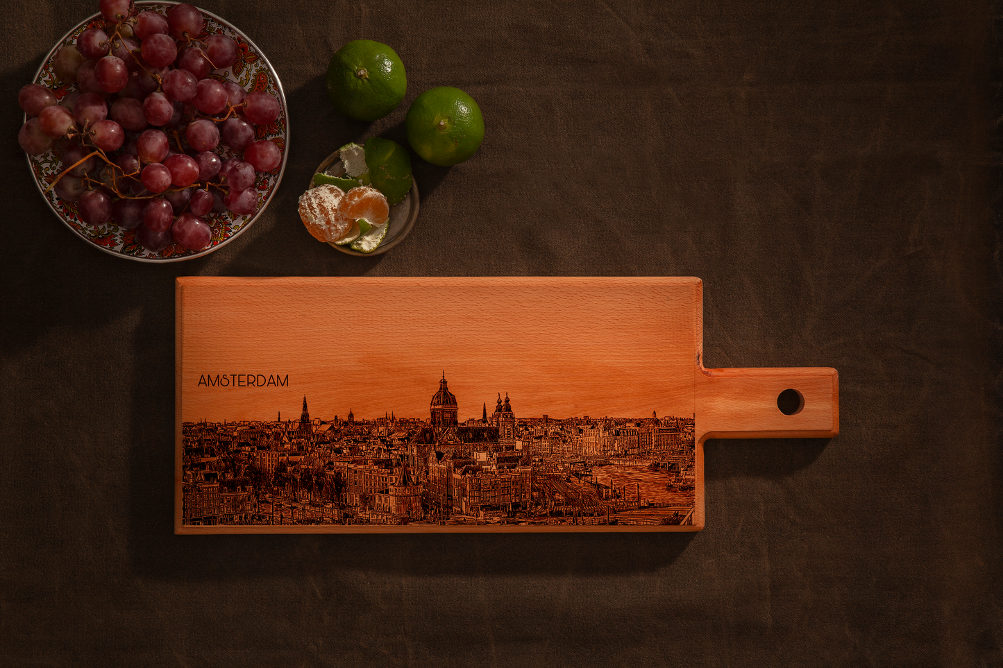 Handmade Amsterdam Skyline Engraved Serving Board - Beech Wood