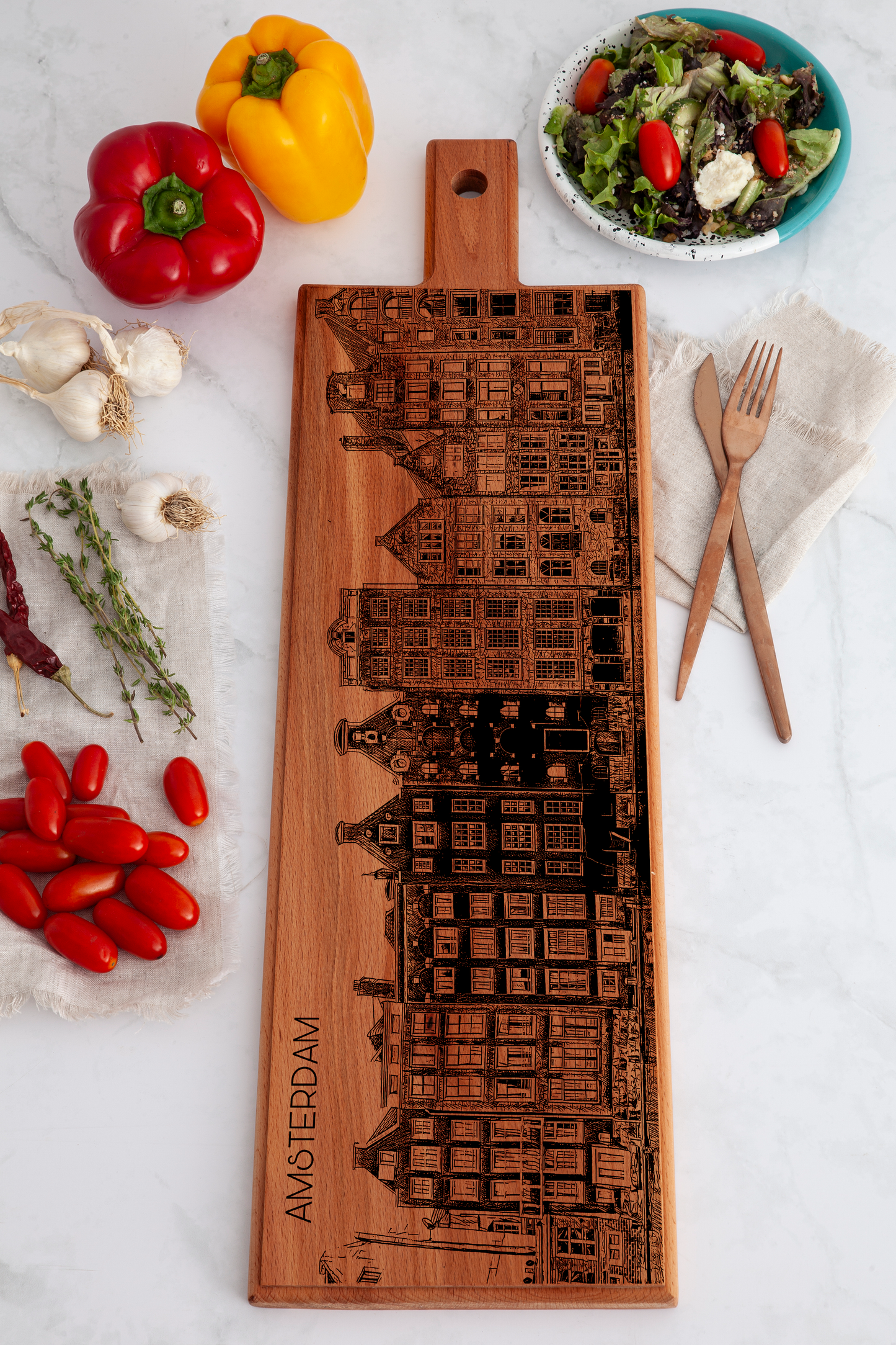 Handmade Amsterdam Dancing Houses Engraved Large Serving Board - Beech Wood