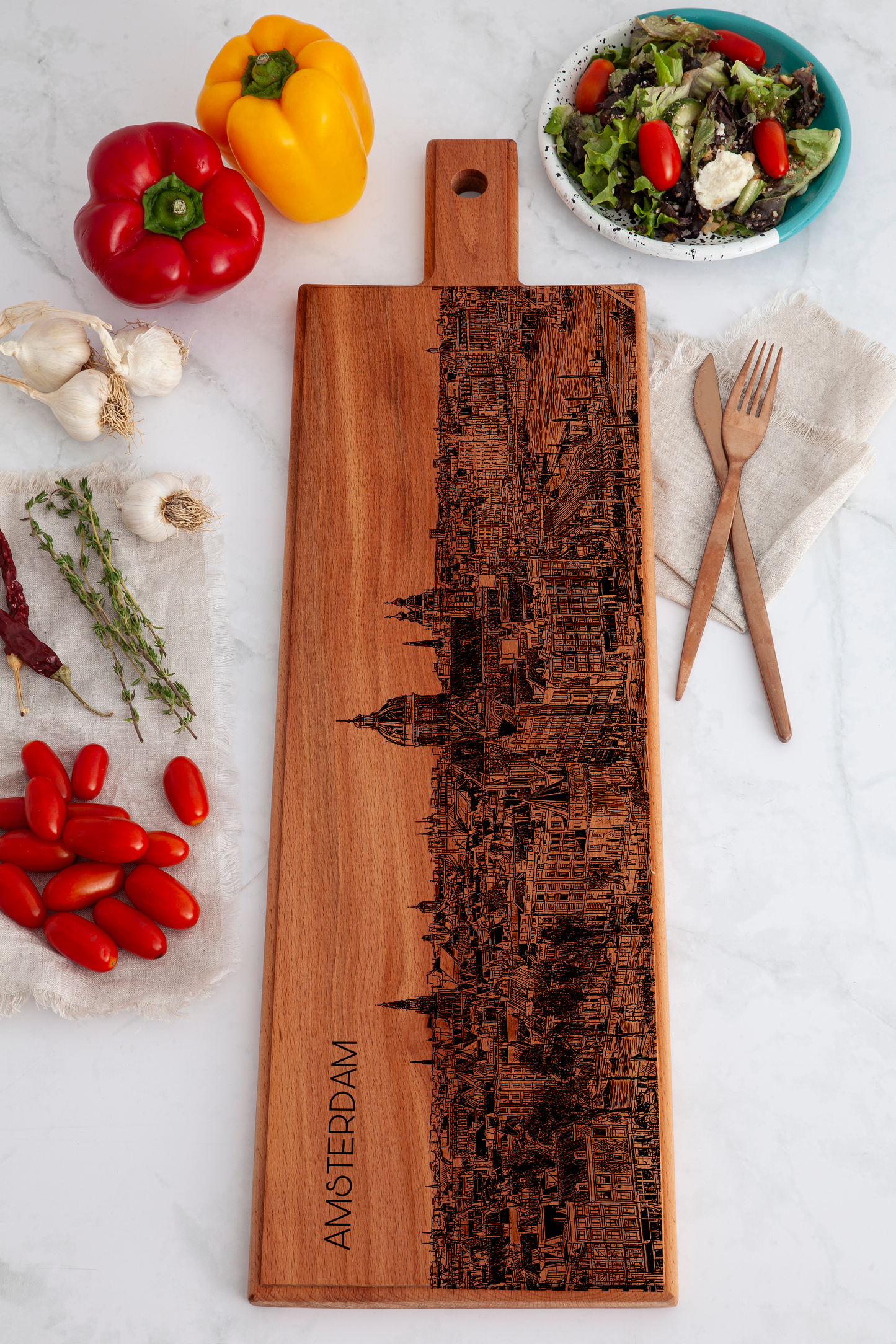 Handmade Amsterdam Skyline Engraved Large Serving Board - Beech Wood