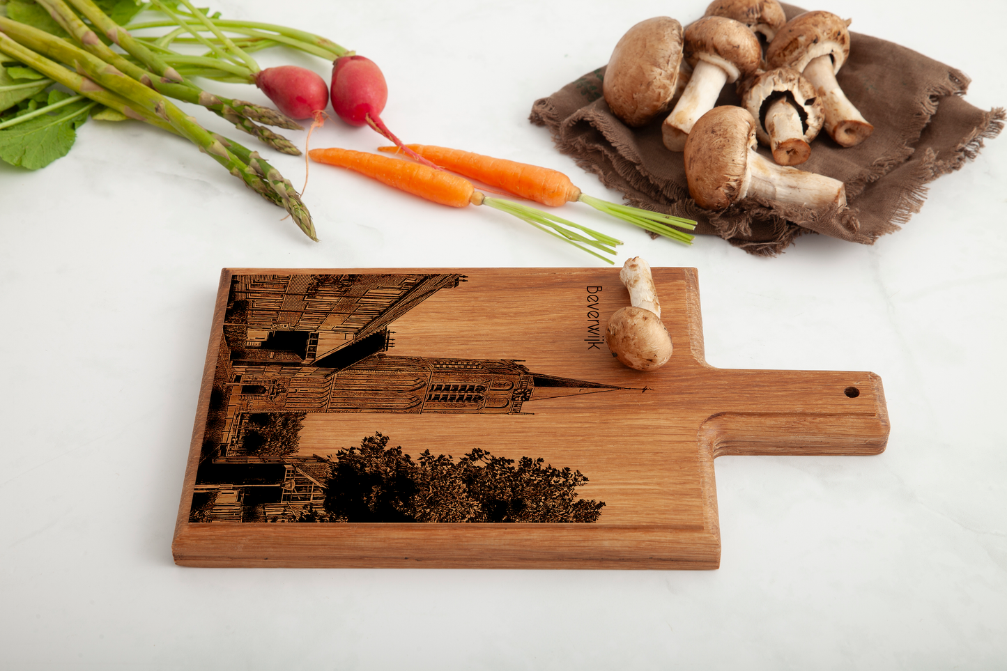 Handmade Beverwijk Wijkertoren Engraved Cheese Board - Beech Wood
