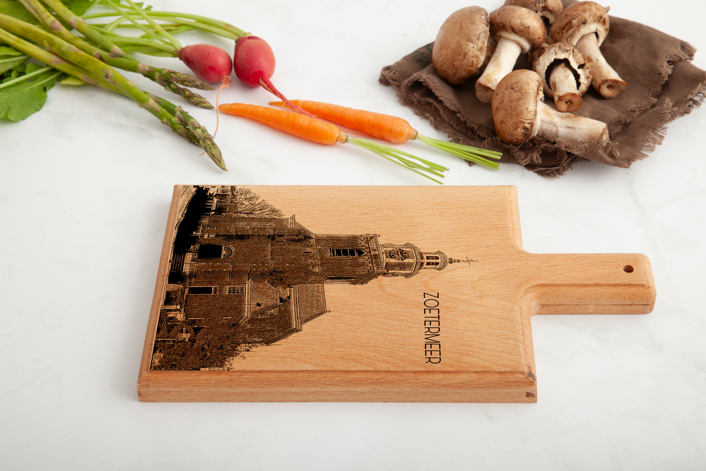 Handmade Zoetermeer Oudekerk Engraved Cheese Board - Beech Wood