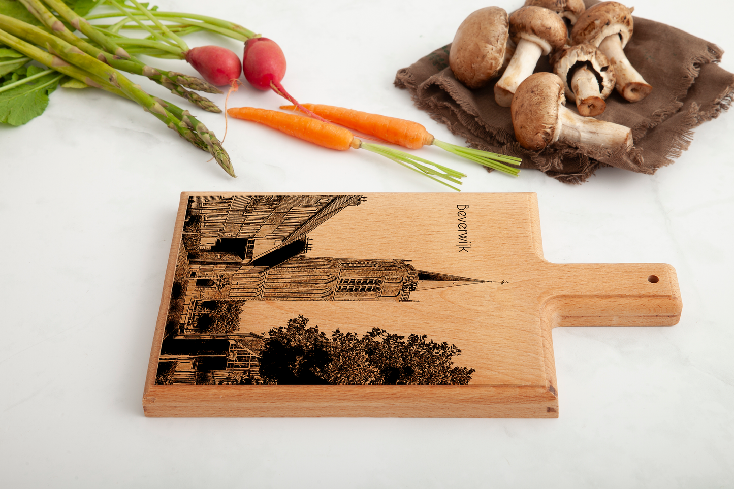 Handmade Beverwijk Wijkertoren Engraved Cheese Board - Beech Wood