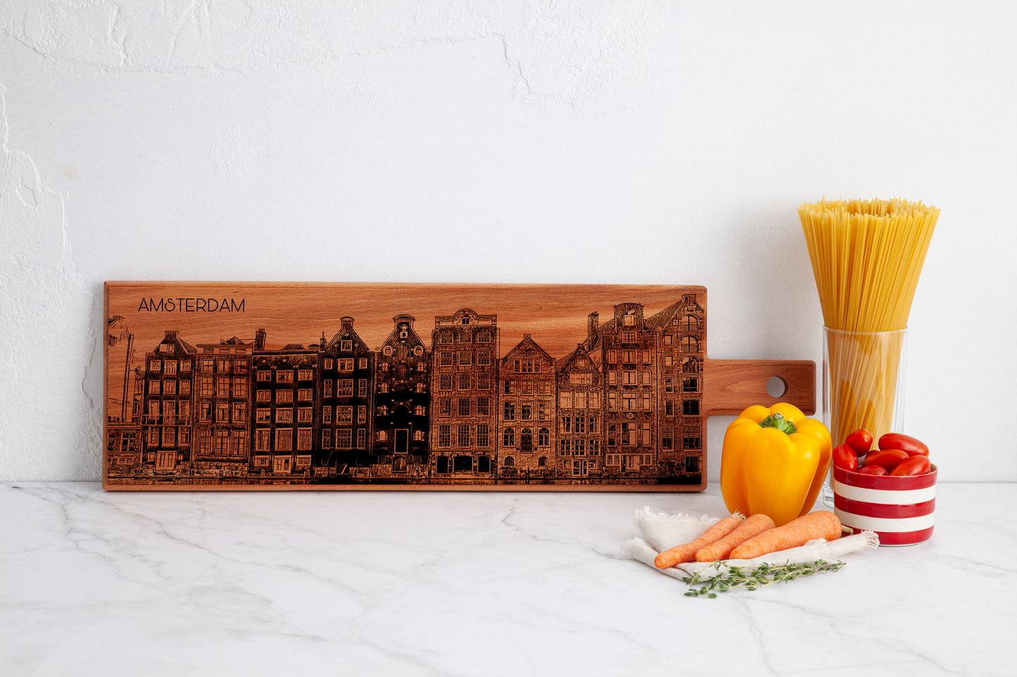 Handmade Amsterdam Dancing Houses Engraved Large Serving Board - Beech Wood