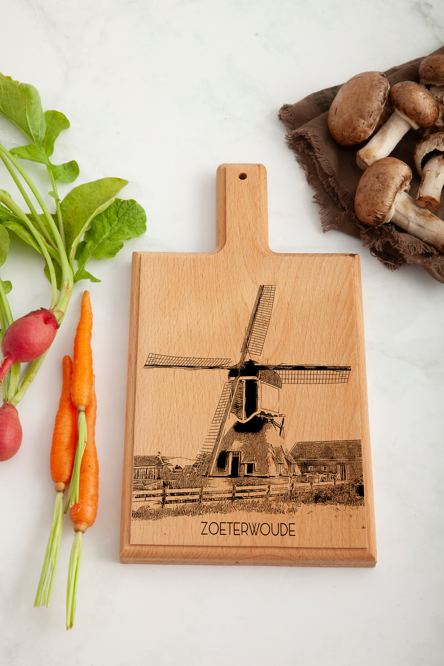Handmade Zoeterwoude Molen Engraved Cheese Board - Beech Wood