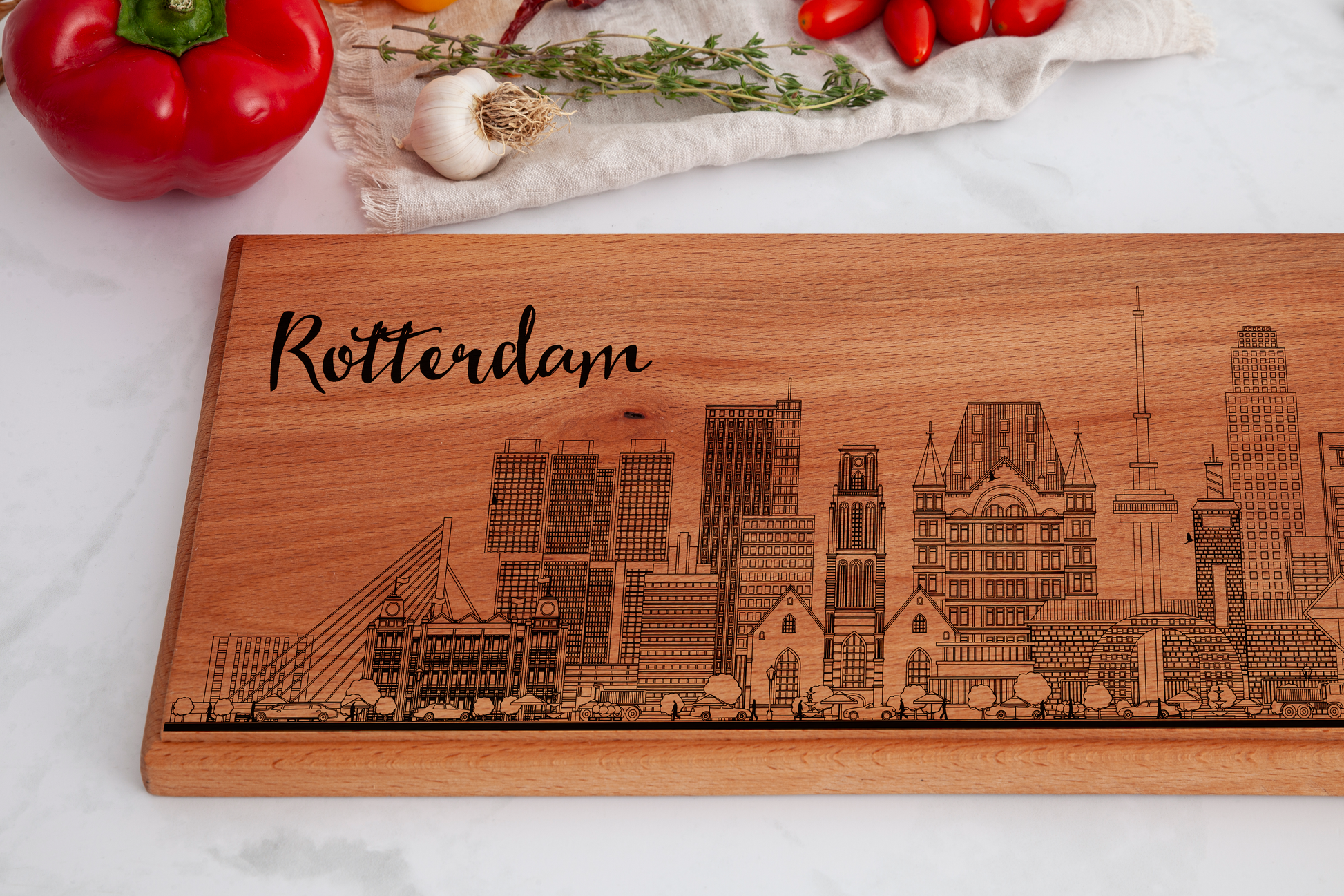 Rotterdam, skyline, long serving board, close-up