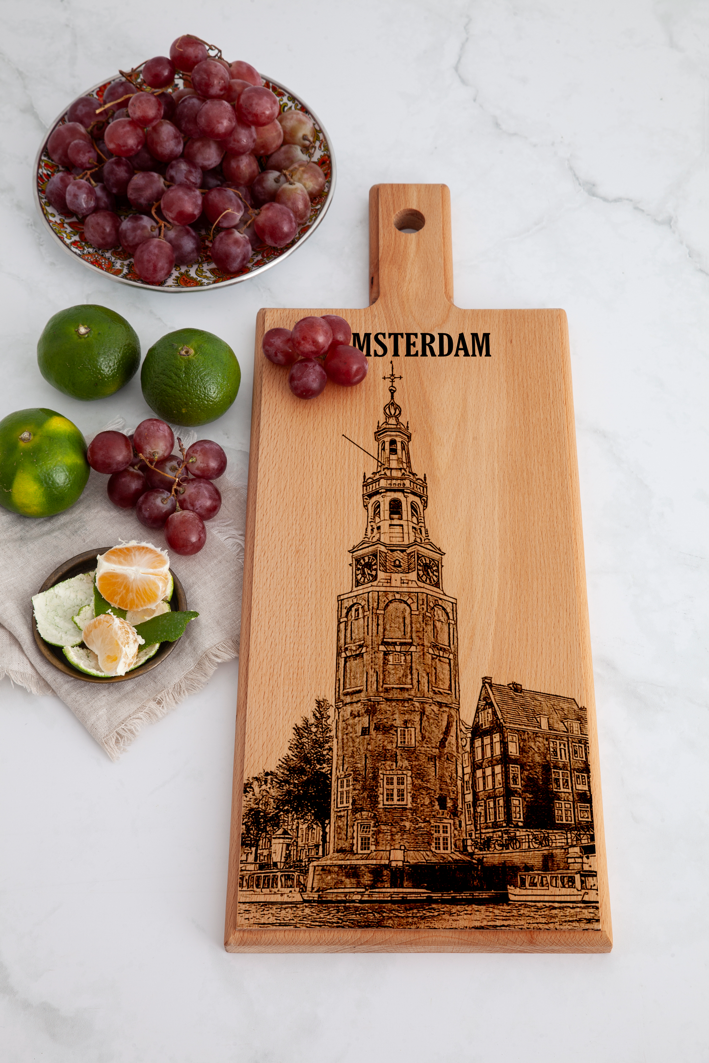 Handmade Amsterdam Montelbaanstoren Engraved Serving Board - Beech Wood