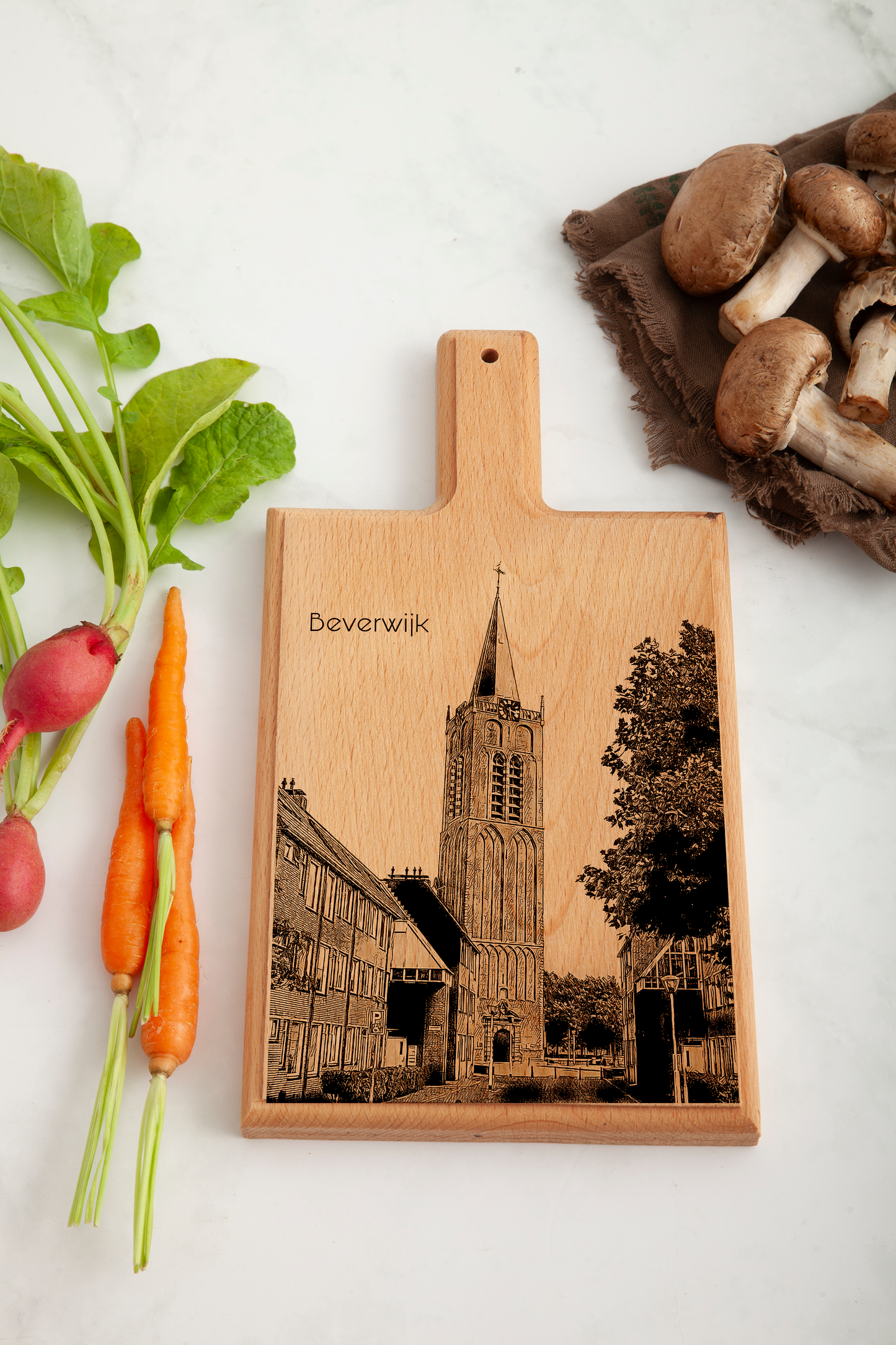 Handmade Beverwijk Wijkertoren Engraved Cheese Board - Beech Wood