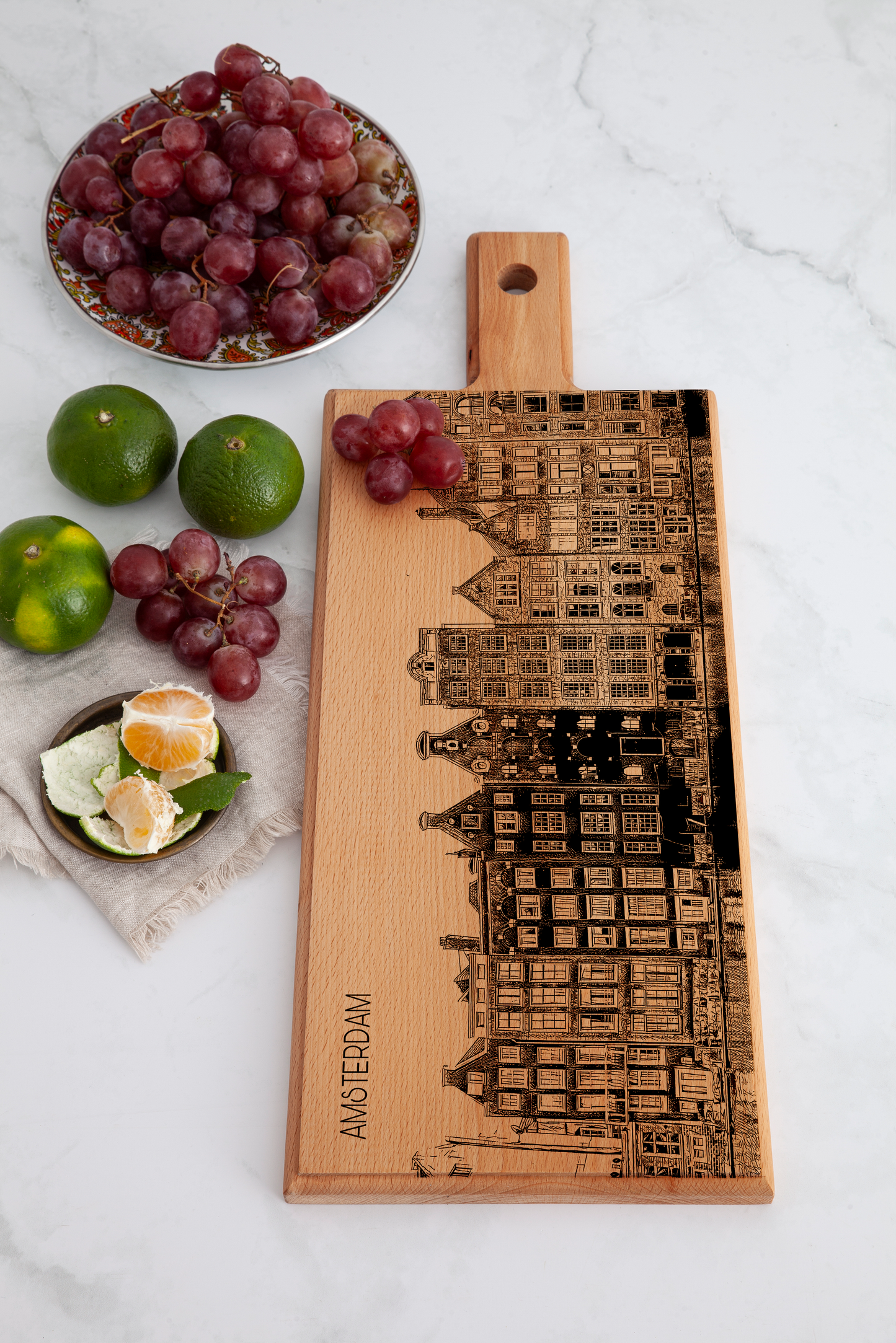 Handmade Amsterdam Dancing Houses Engraved Serving Board - Beech Wood