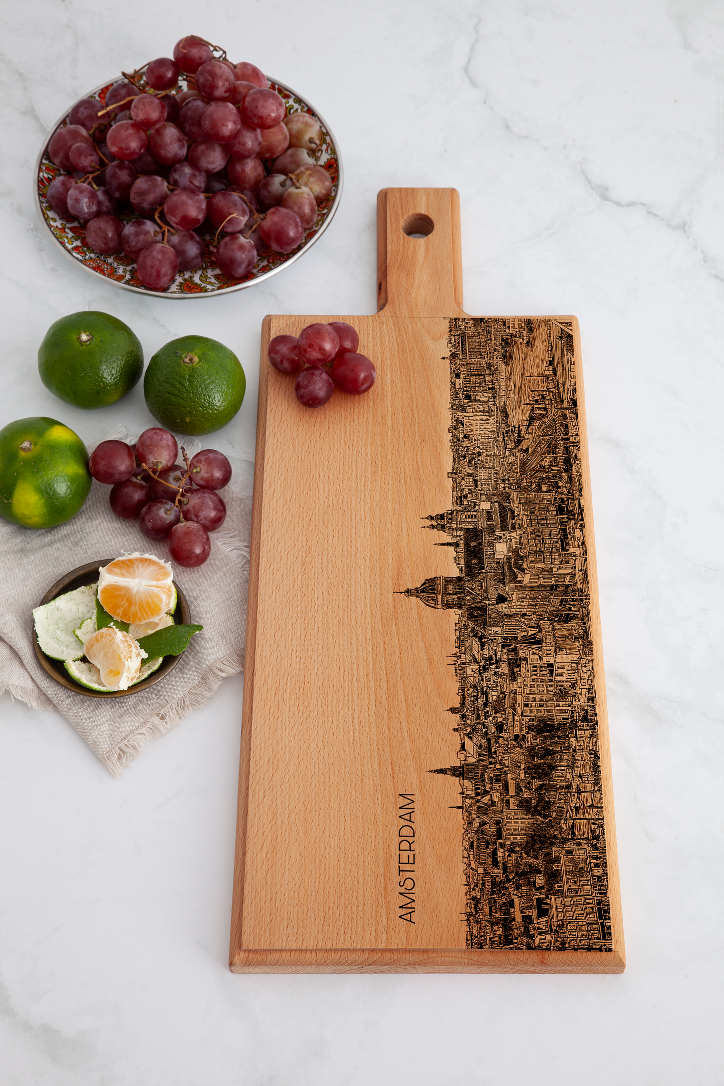 Handmade Amsterdam Skyline Engraved Serving Board - Beech Wood