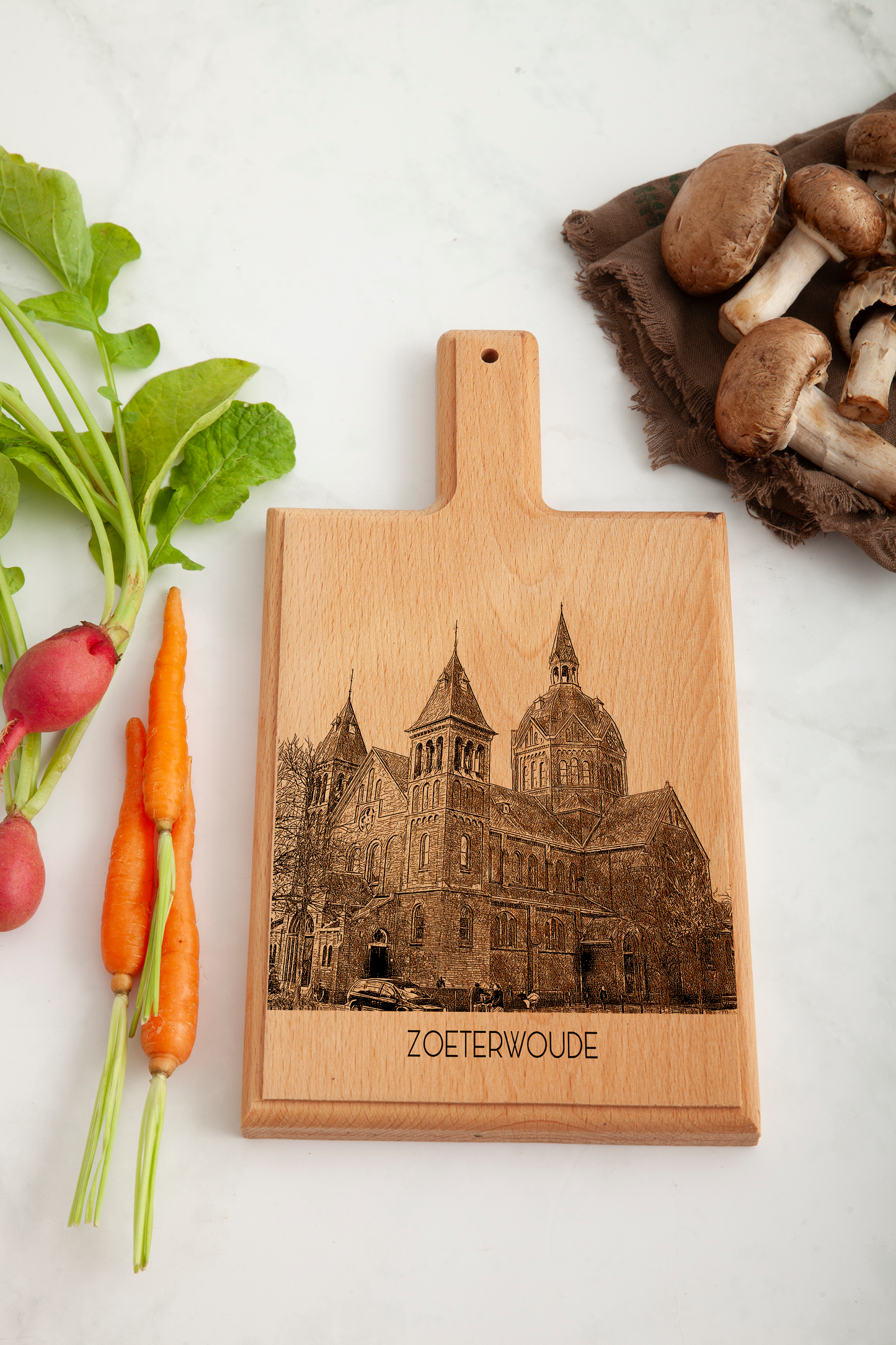 Handmade Zoeterwoude Goede Herderkerk Engraved Cheese Board - Beech Wood