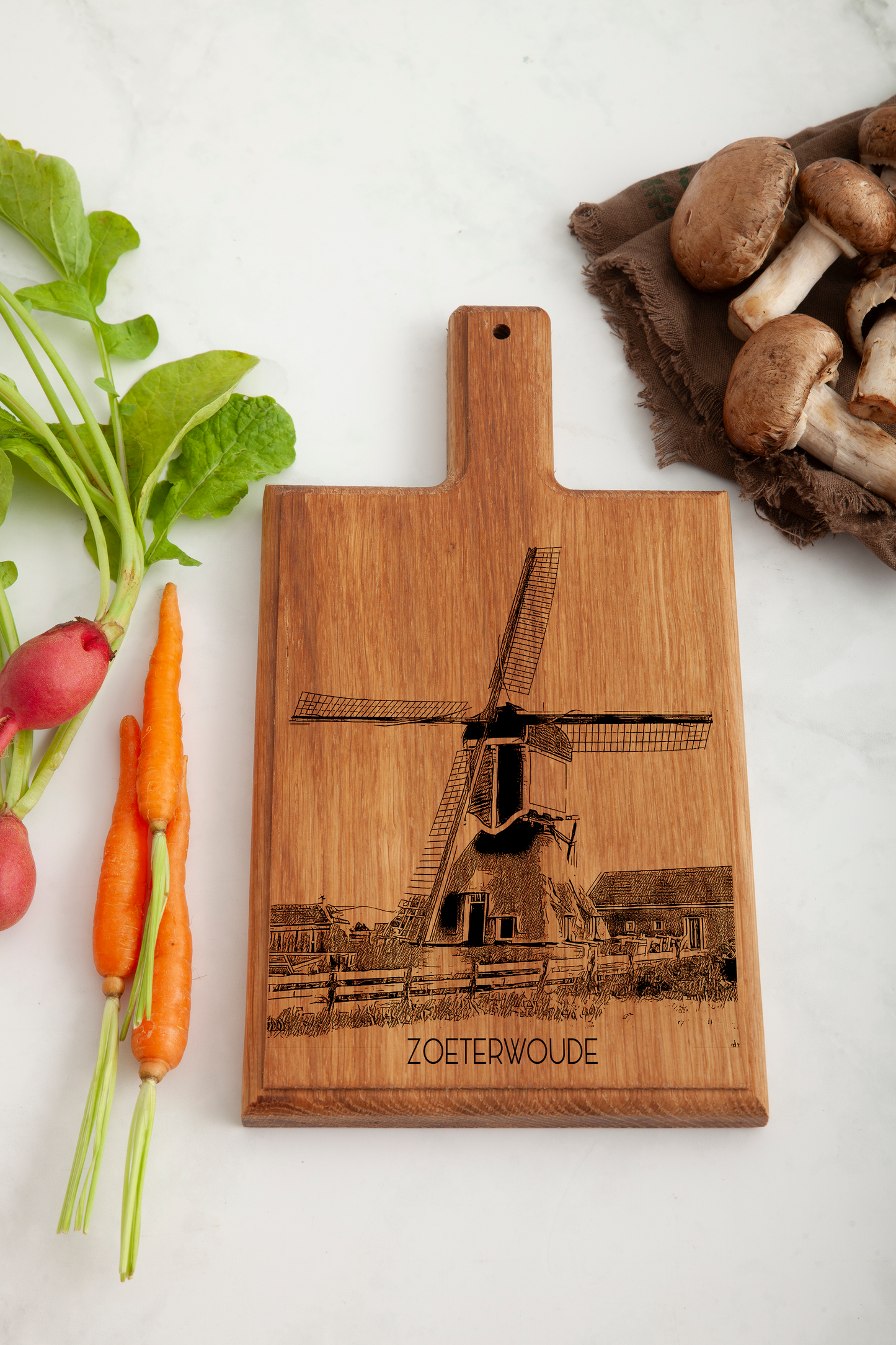 Handmade Zoeterwoude Molen Engraved Cheese Board - Beech Wood