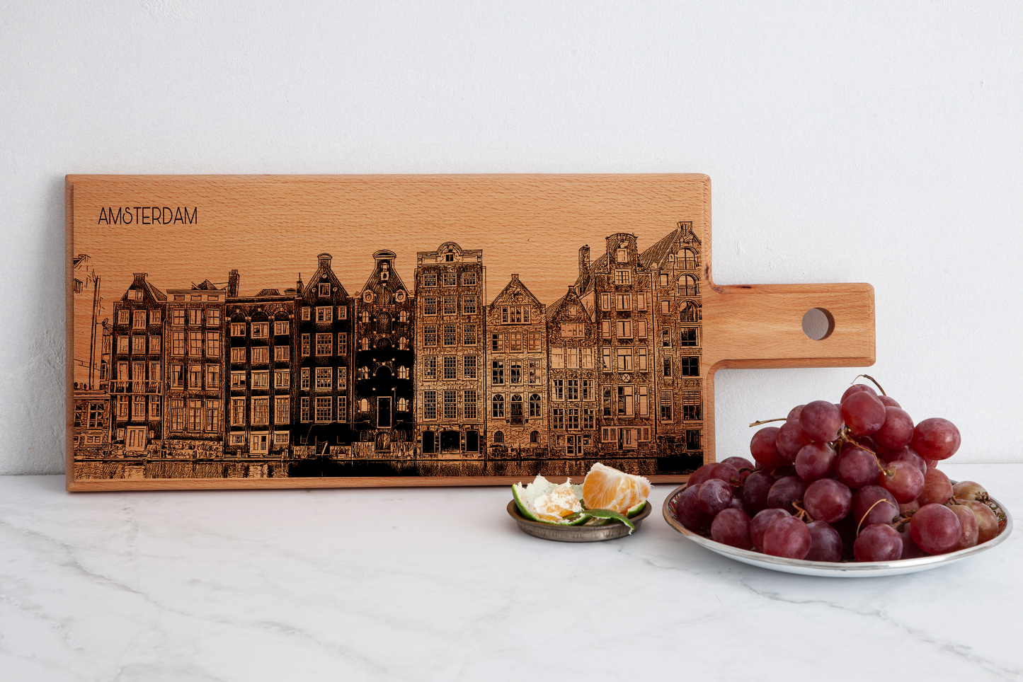 Handmade Amsterdam Dancing Houses Engraved Serving Board - Beech Wood