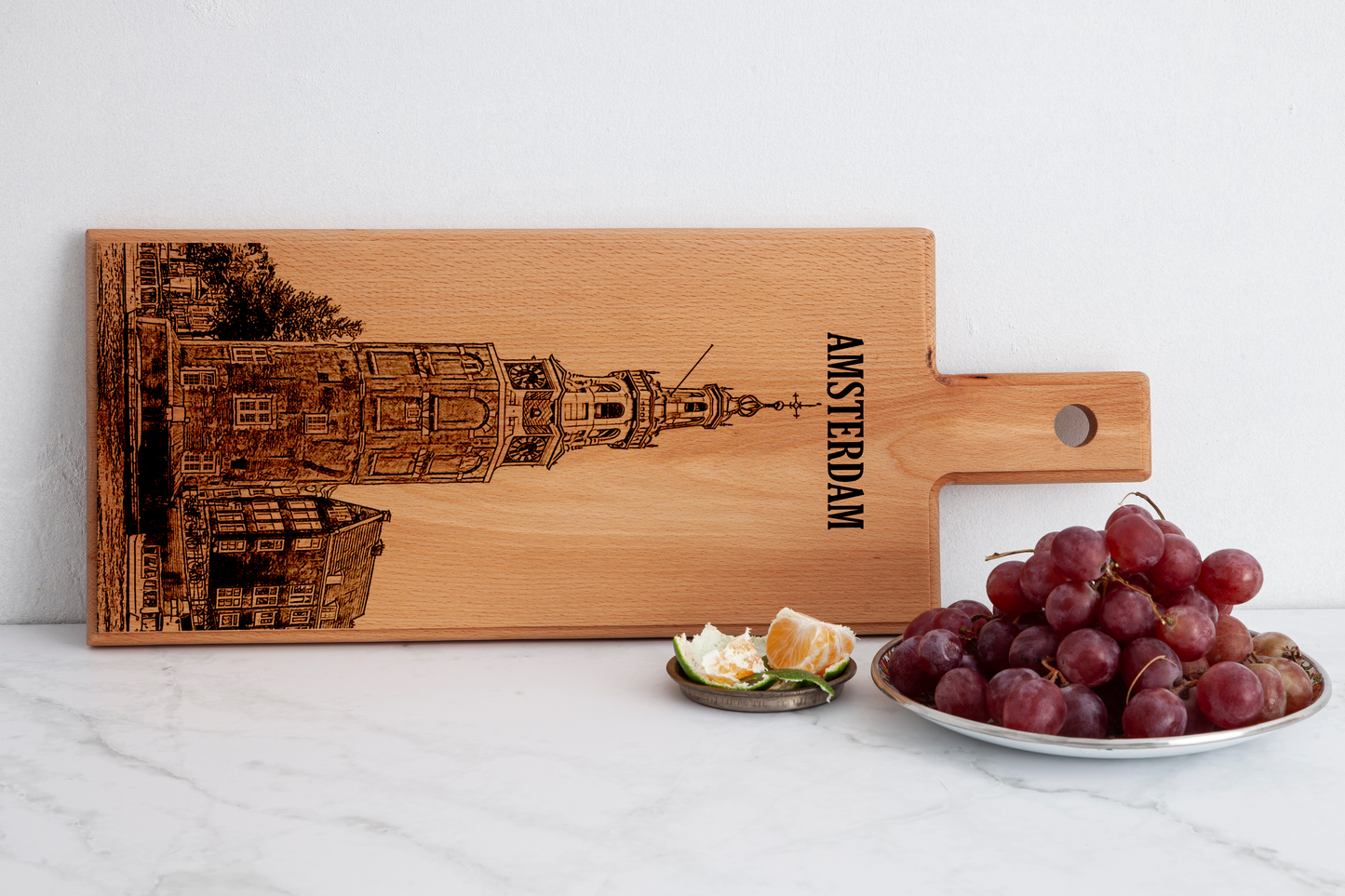 Handmade Amsterdam Montelbaanstoren Engraved Serving Board - Beech Wood