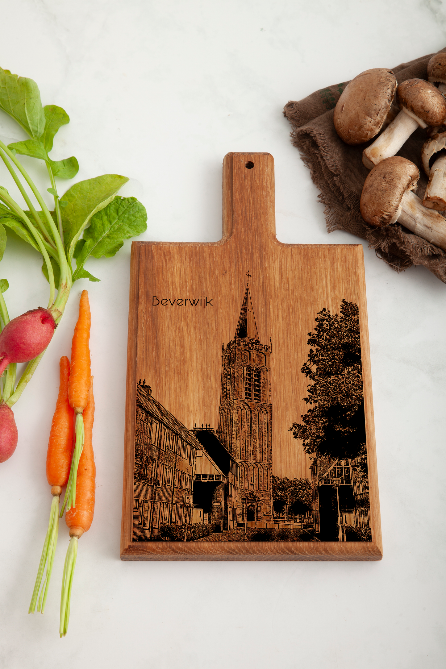 Handmade Beverwijk Wijkertoren Engraved Cheese Board - Beech Wood