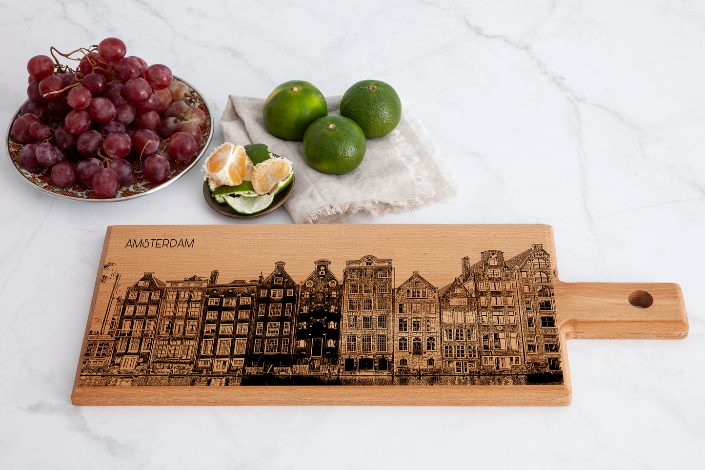Handmade Amsterdam Dancing Houses Engraved Serving Board - Beech Wood