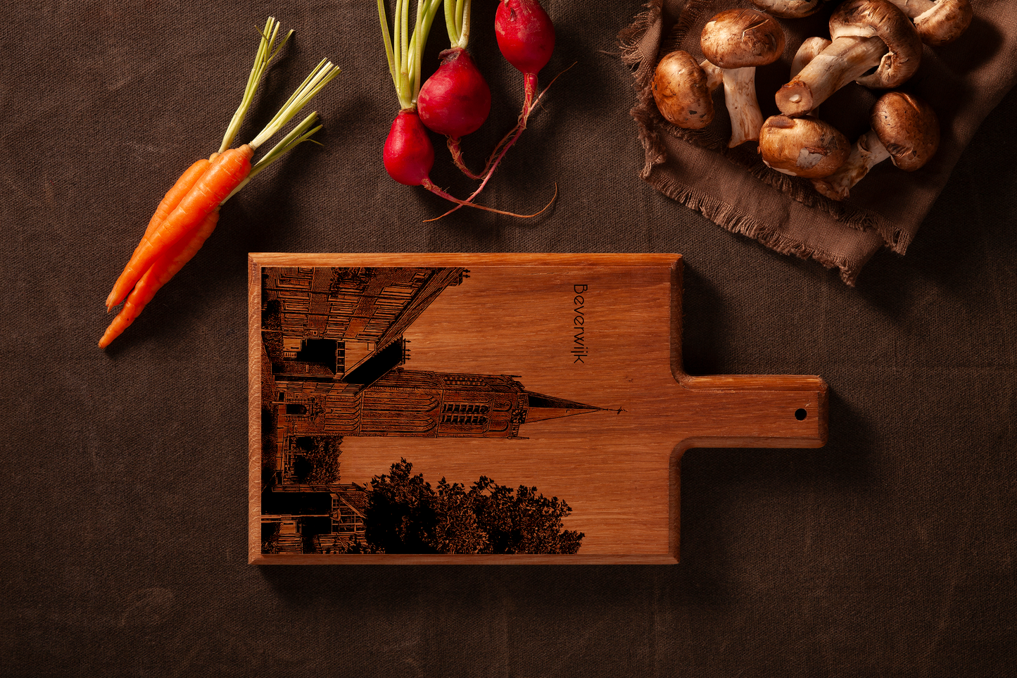 Handmade Beverwijk Wijkertoren Engraved Cheese Board - Beech Wood