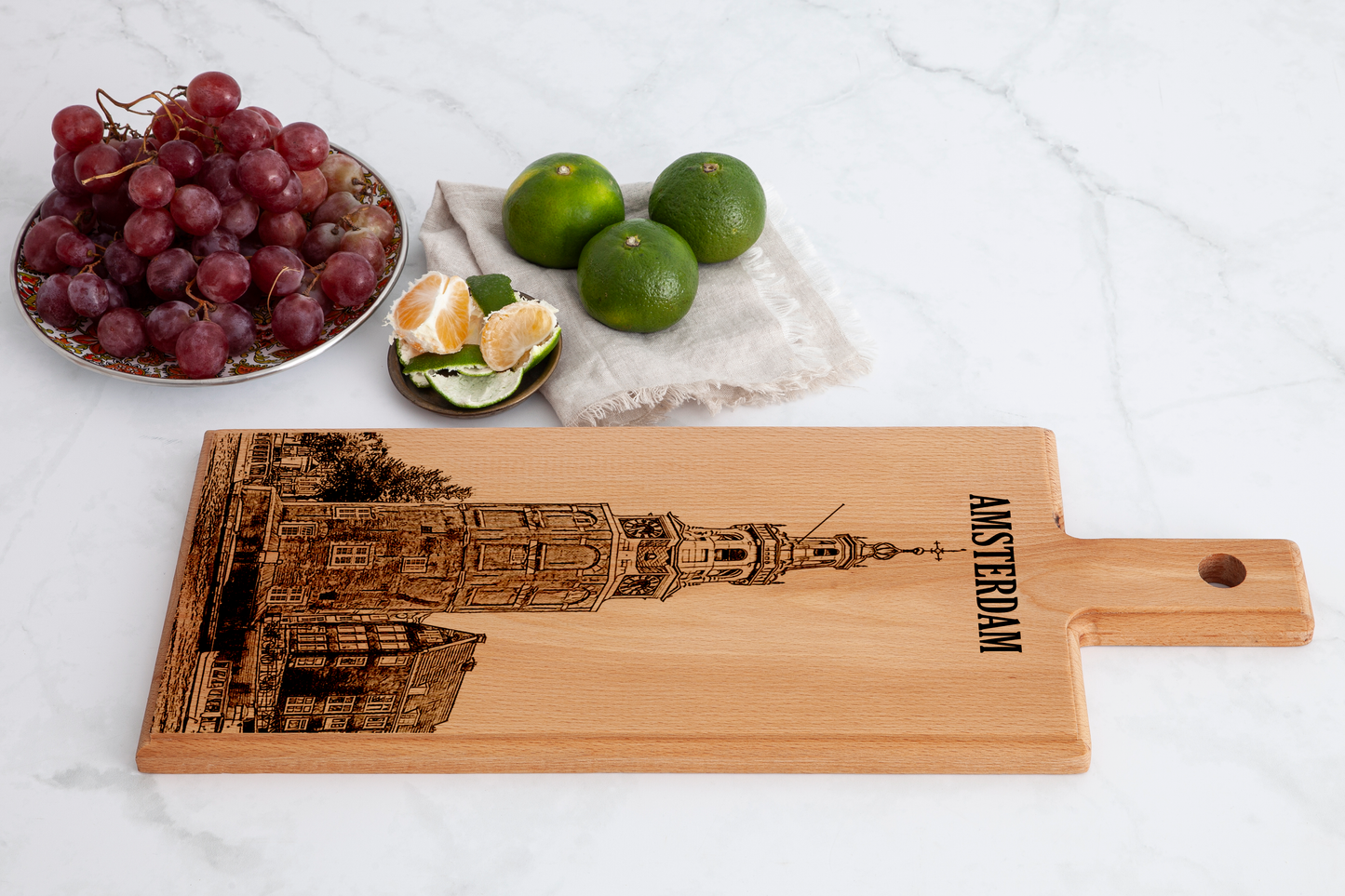 Handmade Amsterdam Montelbaanstoren Engraved Serving Board - Beech Wood