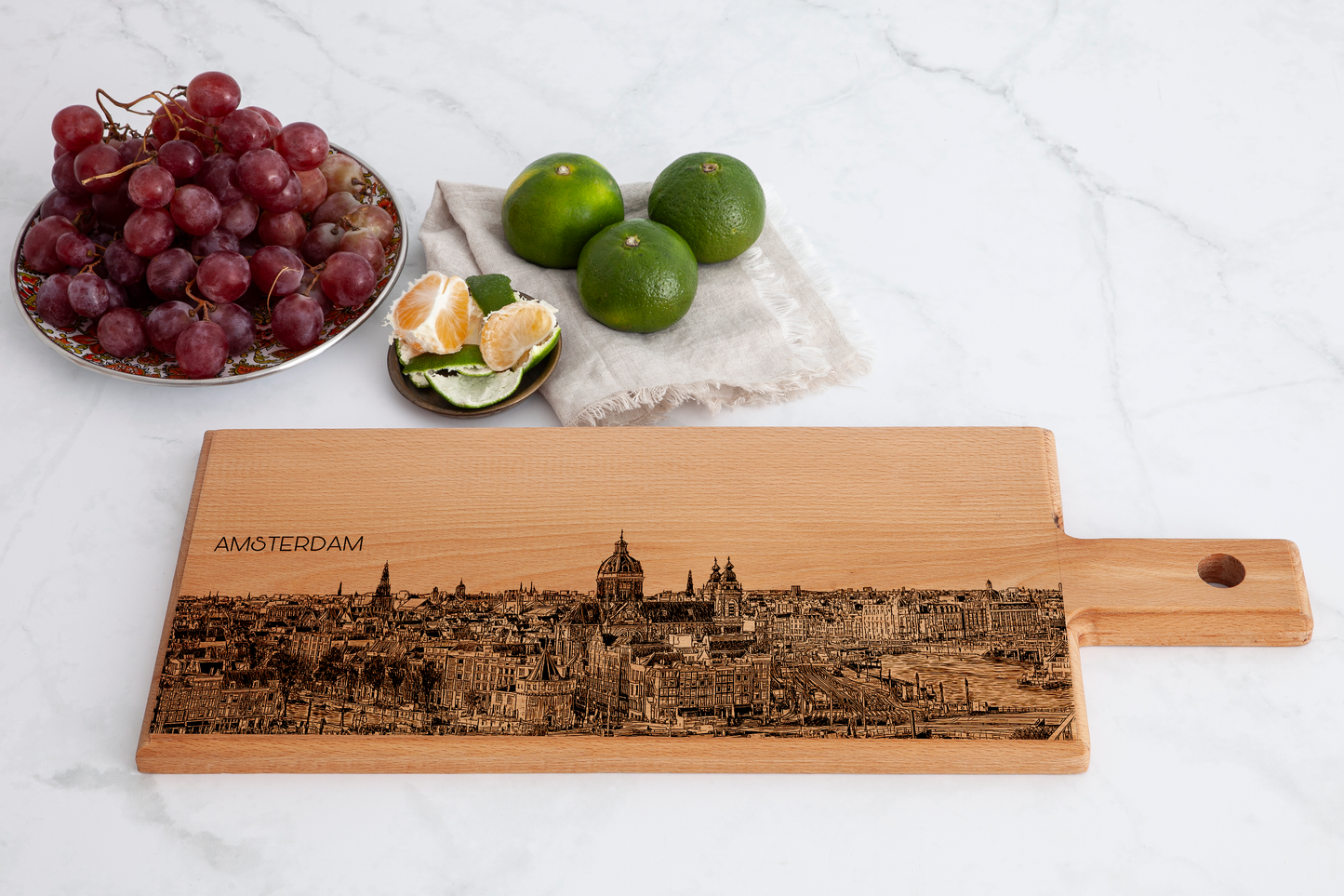 Handmade Amsterdam Skyline Engraved Serving Board - Beech Wood